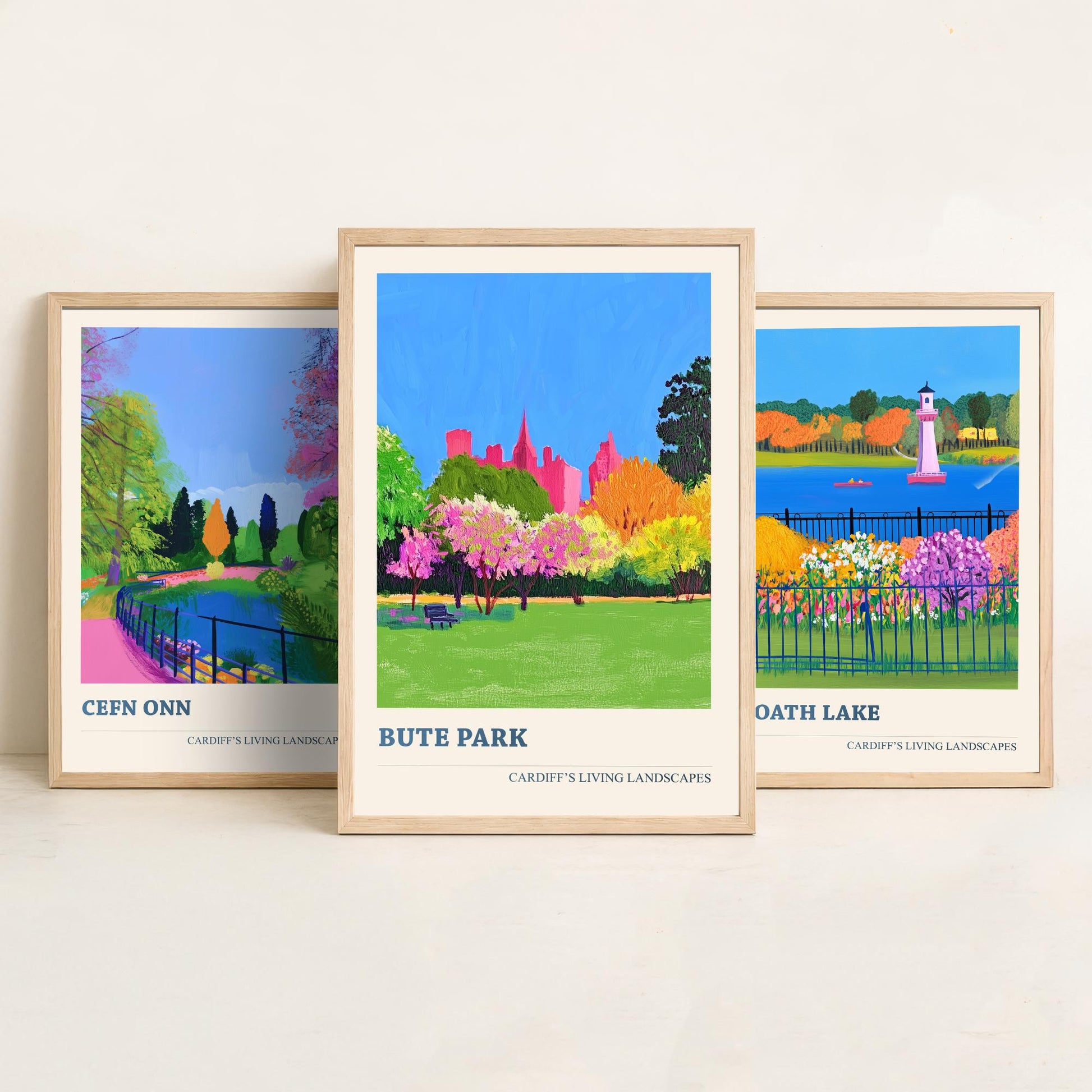 Cardiff Parks Set of Three Art Prints | Cefn Onn Roath Lake Bute Park | Bold Cardiff Landscape Painting Wall Poster Wales