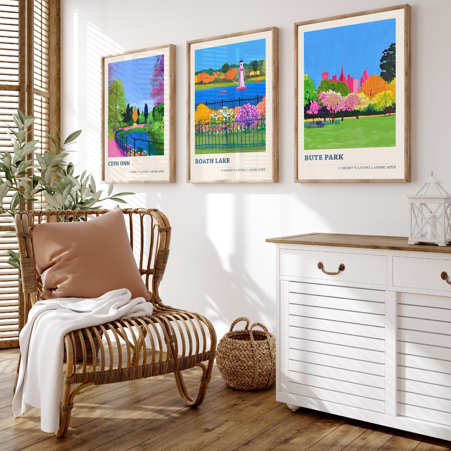 Cardiff Parks Set of Three Art Prints | Cefn Onn Roath Lake Bute Park | Bold Cardiff Landscape Painting Wall Poster Wales