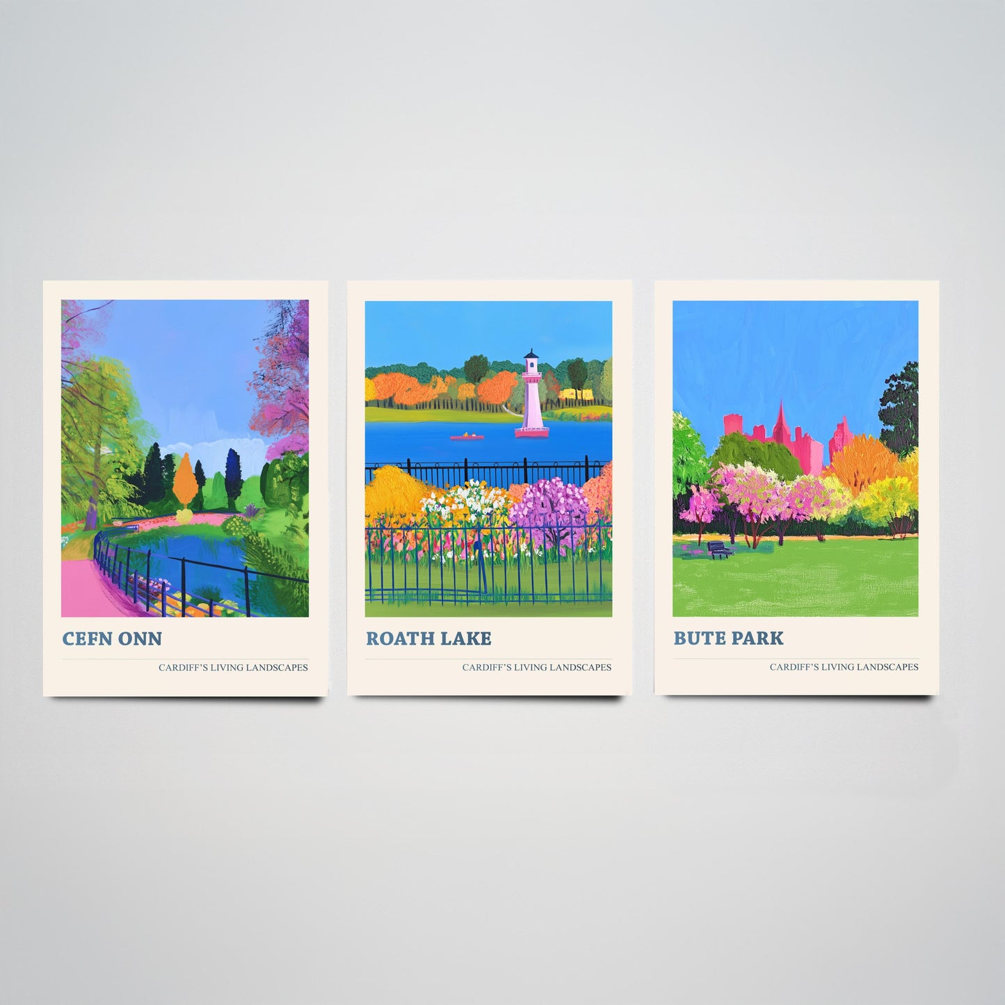 Cardiff Parks Set of Three Art Prints | Cefn Onn Roath Lake Bute Park | Bold Cardiff Landscape Painting Wall Poster Wales