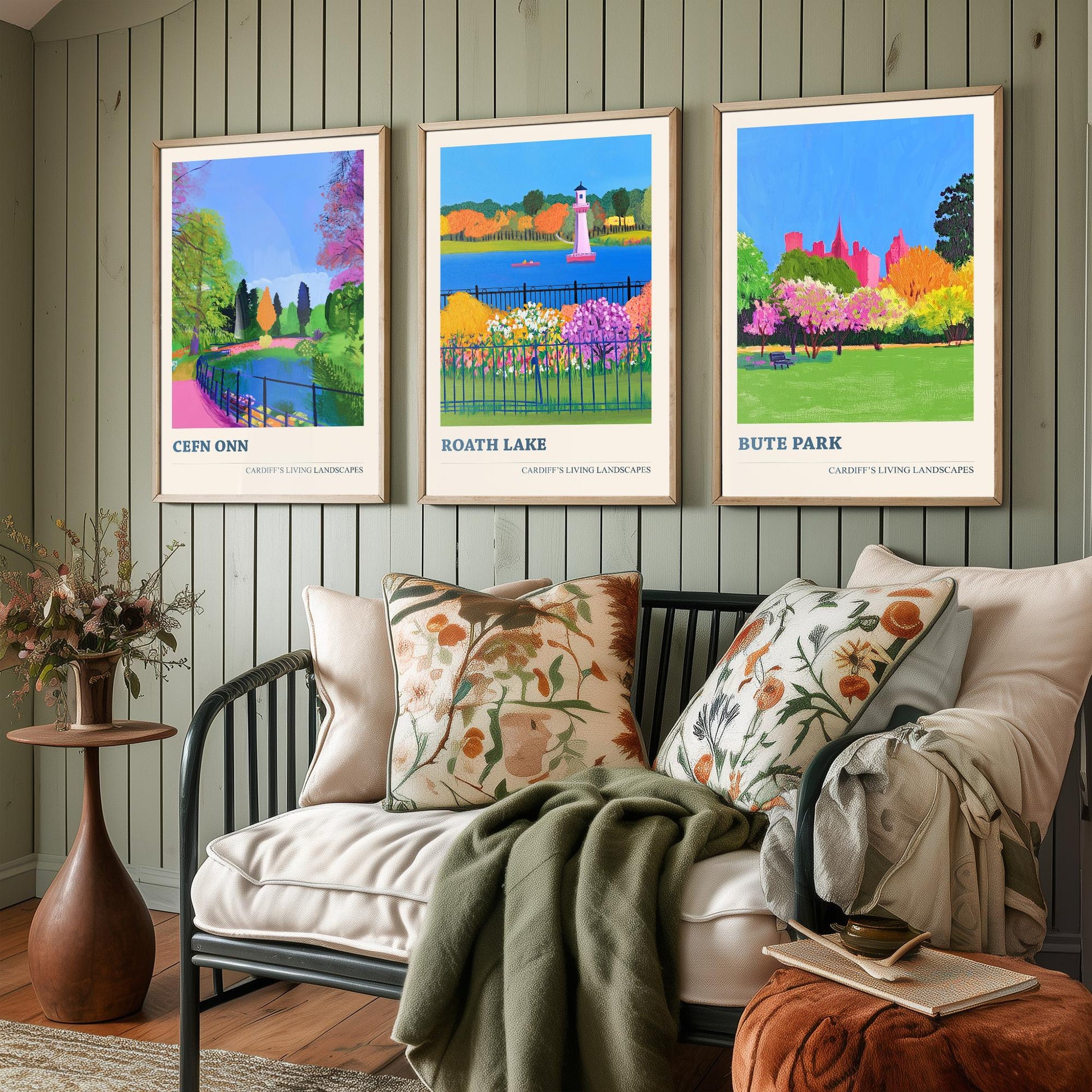 Cardiff Parks Set of Three Art Prints | Cefn Onn Roath Lake Bute Park | Bold Cardiff Landscape Painting Wall Poster Wales
