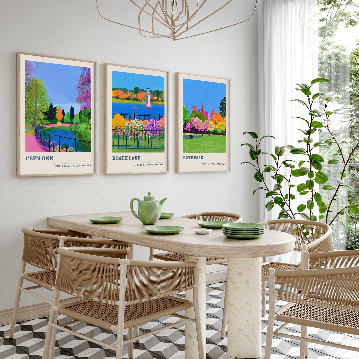Cardiff Parks Set of Three Art Prints | Cefn Onn Roath Lake Bute Park | Bold Cardiff Landscape Painting Wall Poster Wales