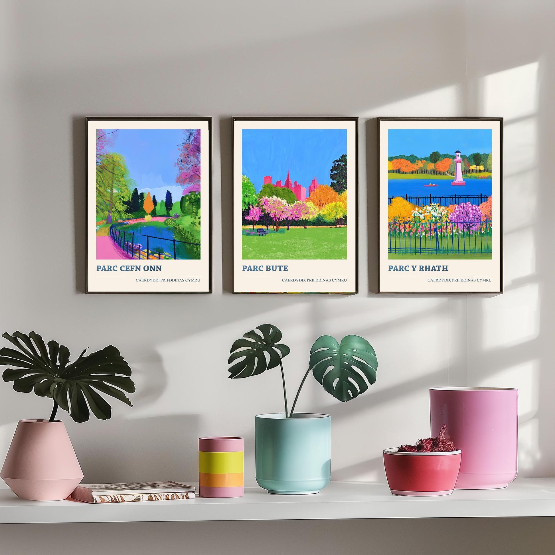 Cardiff Parks Welsh Set of Three Prints | Parc Cefn Onn Parc Bute Parc y Rhath | Bold Caerdydd Landscape Painting Wall Art Poster