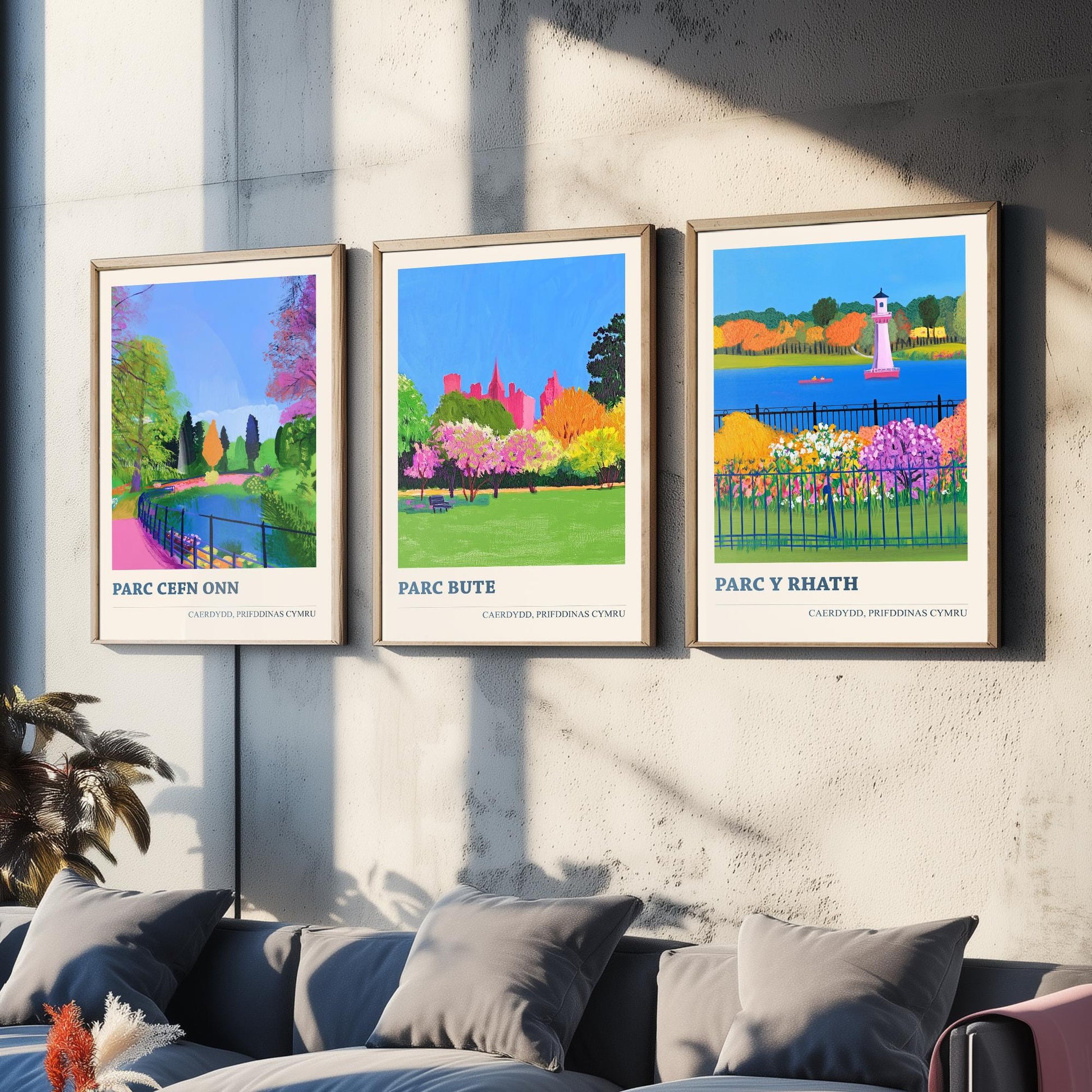 Cardiff Parks Welsh Set of Three Prints | Parc Cefn Onn Parc Bute Parc y Rhath | Bold Caerdydd Landscape Painting Wall Art Poster