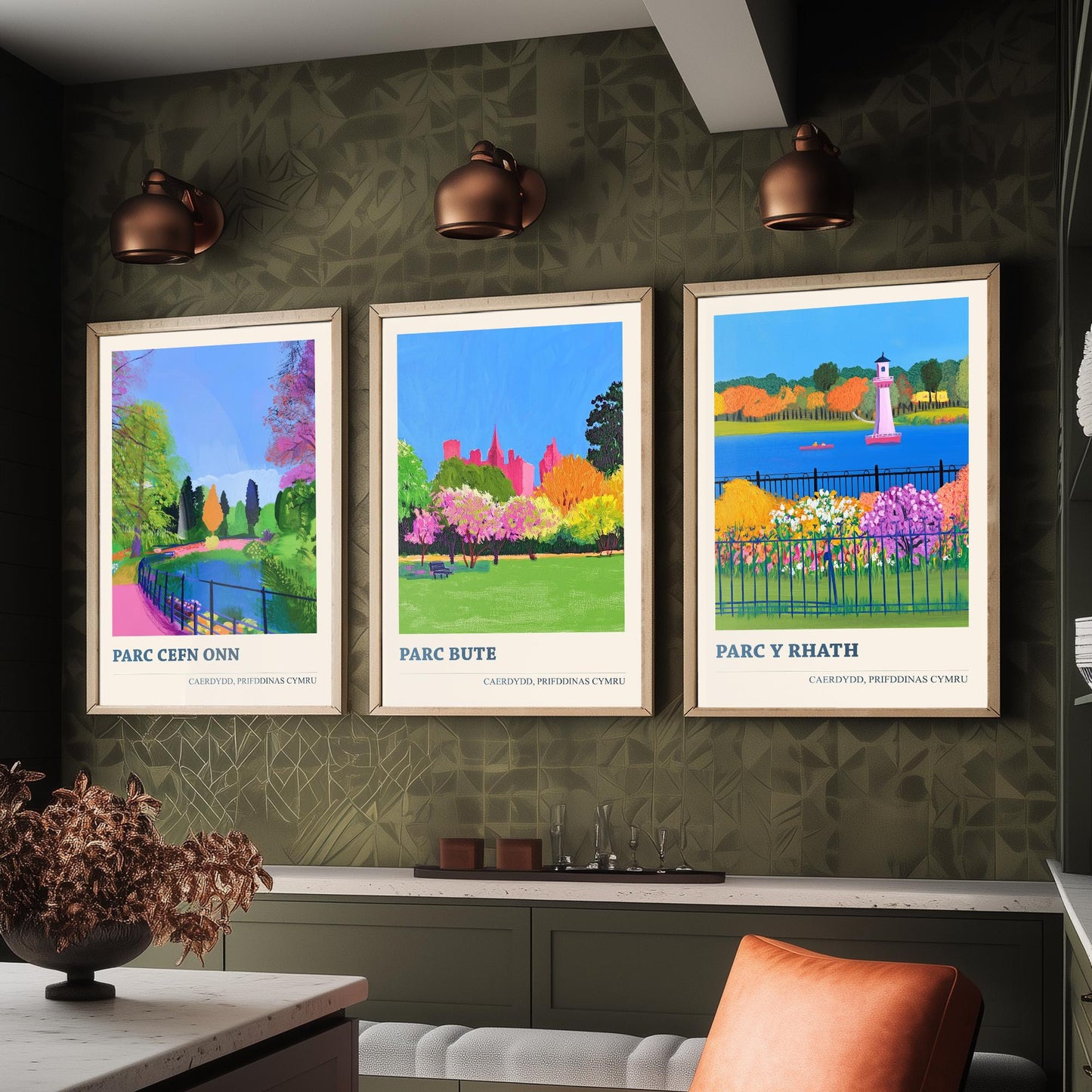 Cardiff Parks Welsh Set of Three Prints | Parc Cefn Onn Parc Bute Parc y Rhath | Bold Caerdydd Landscape Painting Wall Art Poster
