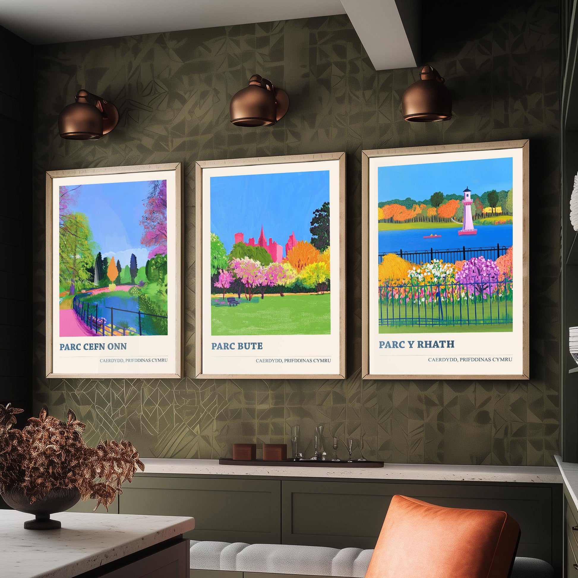 Cardiff Parks Welsh Set of Three Prints | Parc Cefn Onn Parc Bute Parc y Rhath | Bold Caerdydd Landscape Painting Wall Art Poster