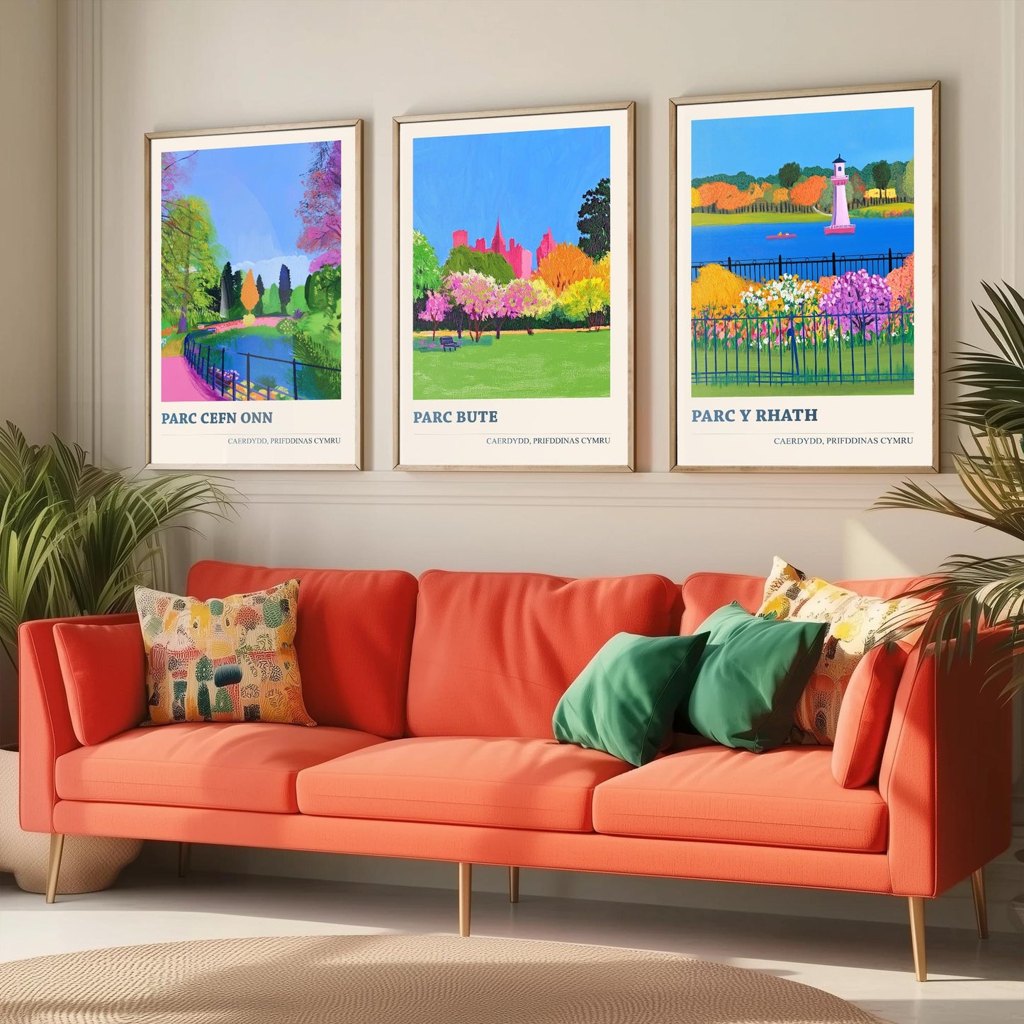Cardiff Parks Welsh Set of Three Prints | Parc Cefn Onn Parc Bute Parc y Rhath | Bold Caerdydd Landscape Painting Wall Art Poster
