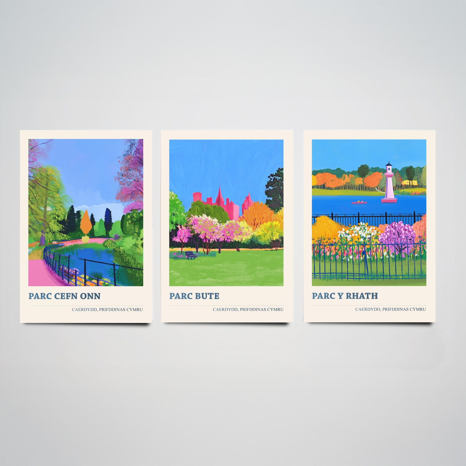 Cardiff Parks Welsh Set of Three Prints | Parc Cefn Onn Parc Bute Parc y Rhath | Bold Caerdydd Landscape Painting Wall Art Poster