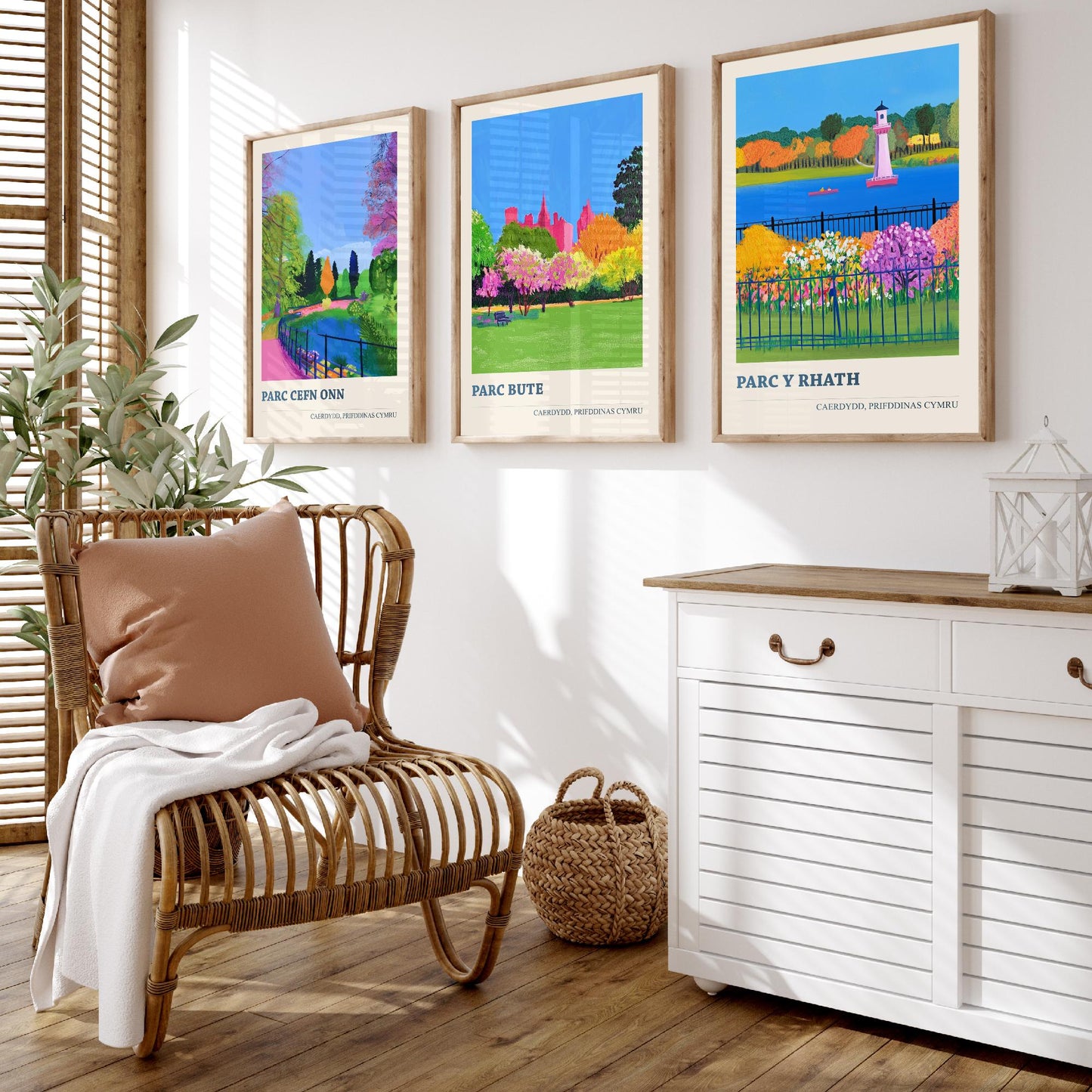 Cardiff Parks Welsh Set of Three Prints | Parc Cefn Onn Parc Bute Parc y Rhath | Bold Caerdydd Landscape Painting Wall Art Poster