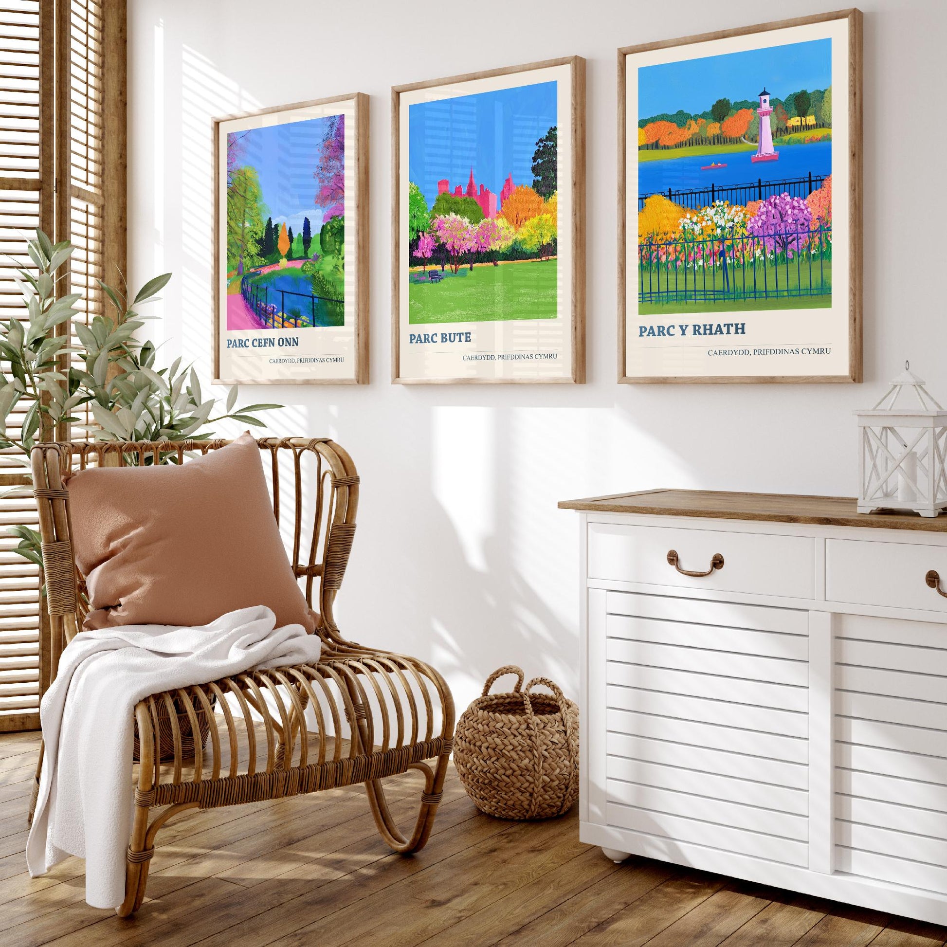 Cardiff Parks Welsh Set of Three Prints | Parc Cefn Onn Parc Bute Parc y Rhath | Bold Caerdydd Landscape Painting Wall Art Poster