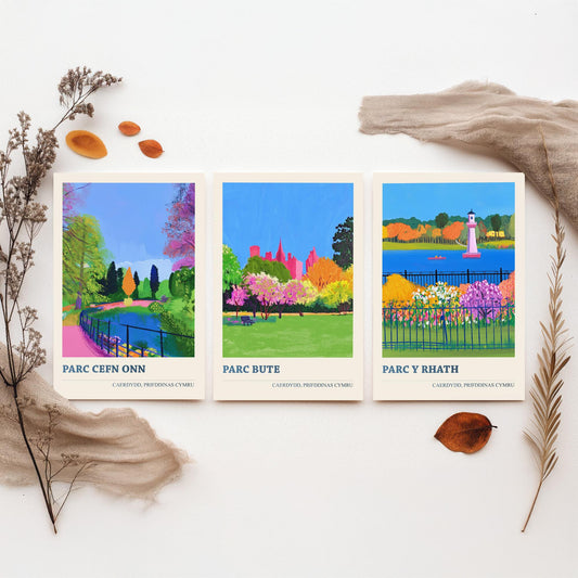 Cardiff Parks Welsh Set of Three Prints | Parc Cefn Onn Parc Bute Parc y Rhath | Bold Caerdydd Landscape Painting Wall Art Poster