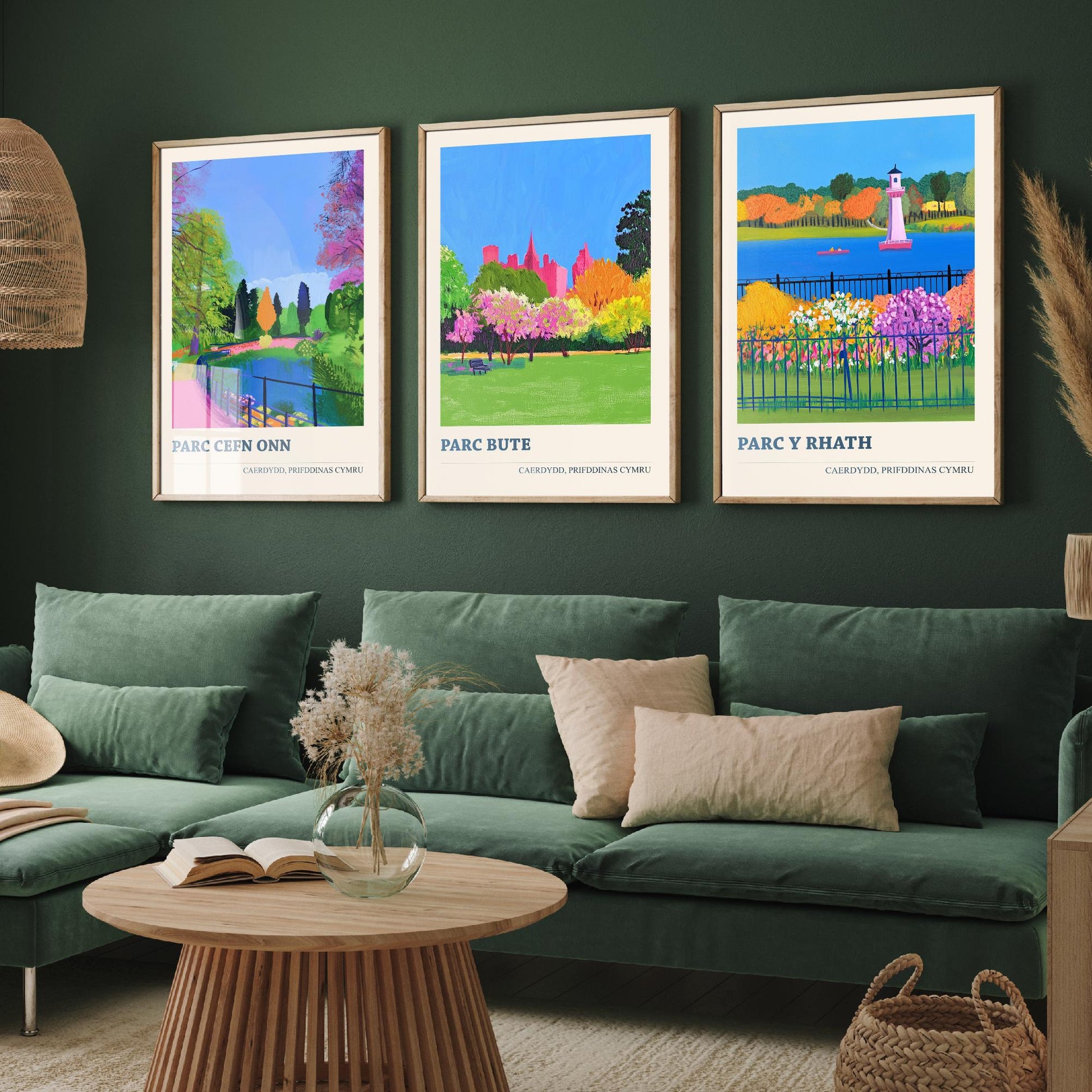 Cardiff Parks Welsh Set of Three Prints | Parc Cefn Onn Parc Bute Parc y Rhath | Bold Caerdydd Landscape Painting Wall Art Poster