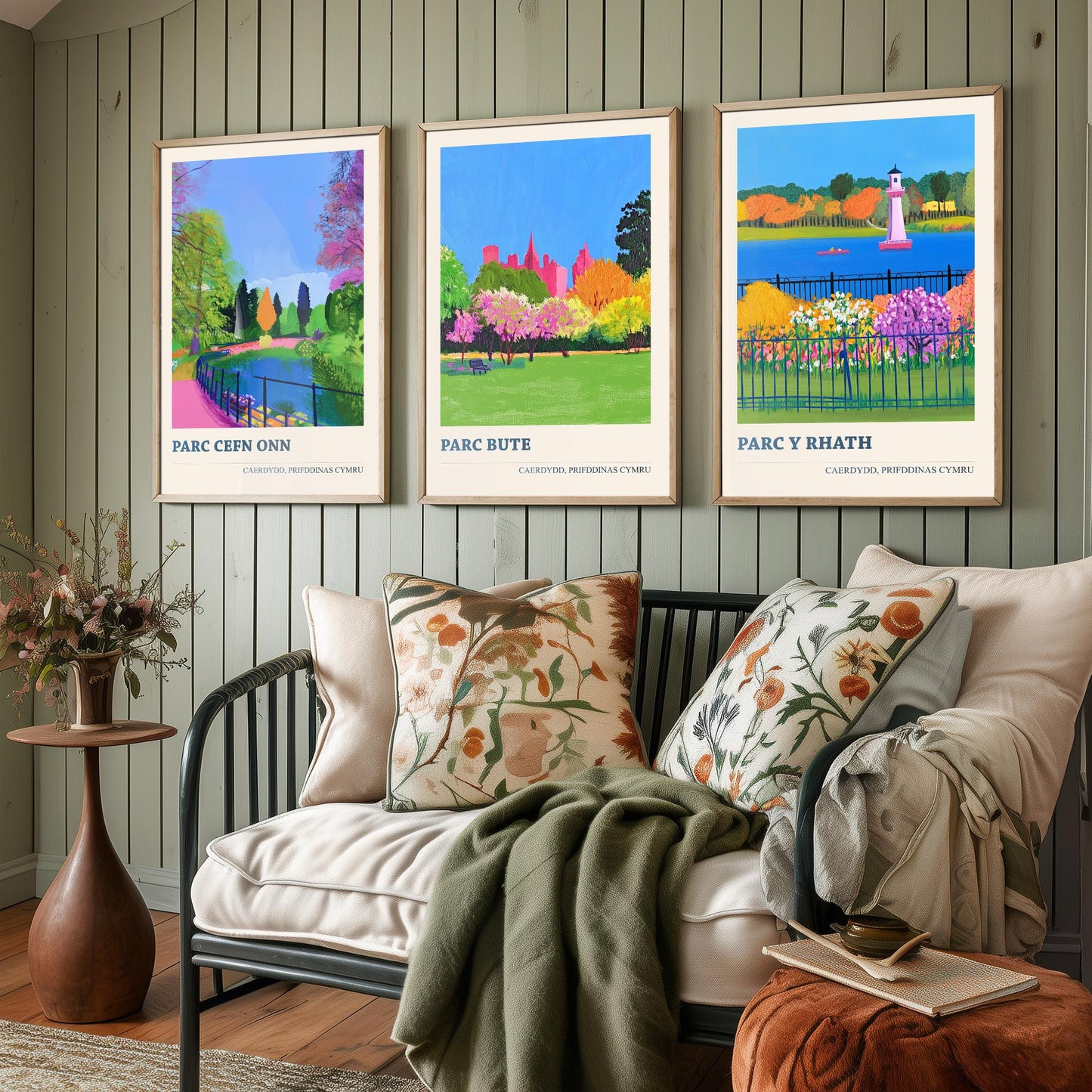 Cardiff Parks Welsh Set of Three Prints | Parc Cefn Onn Parc Bute Parc y Rhath | Bold Caerdydd Landscape Painting Wall Art Poster