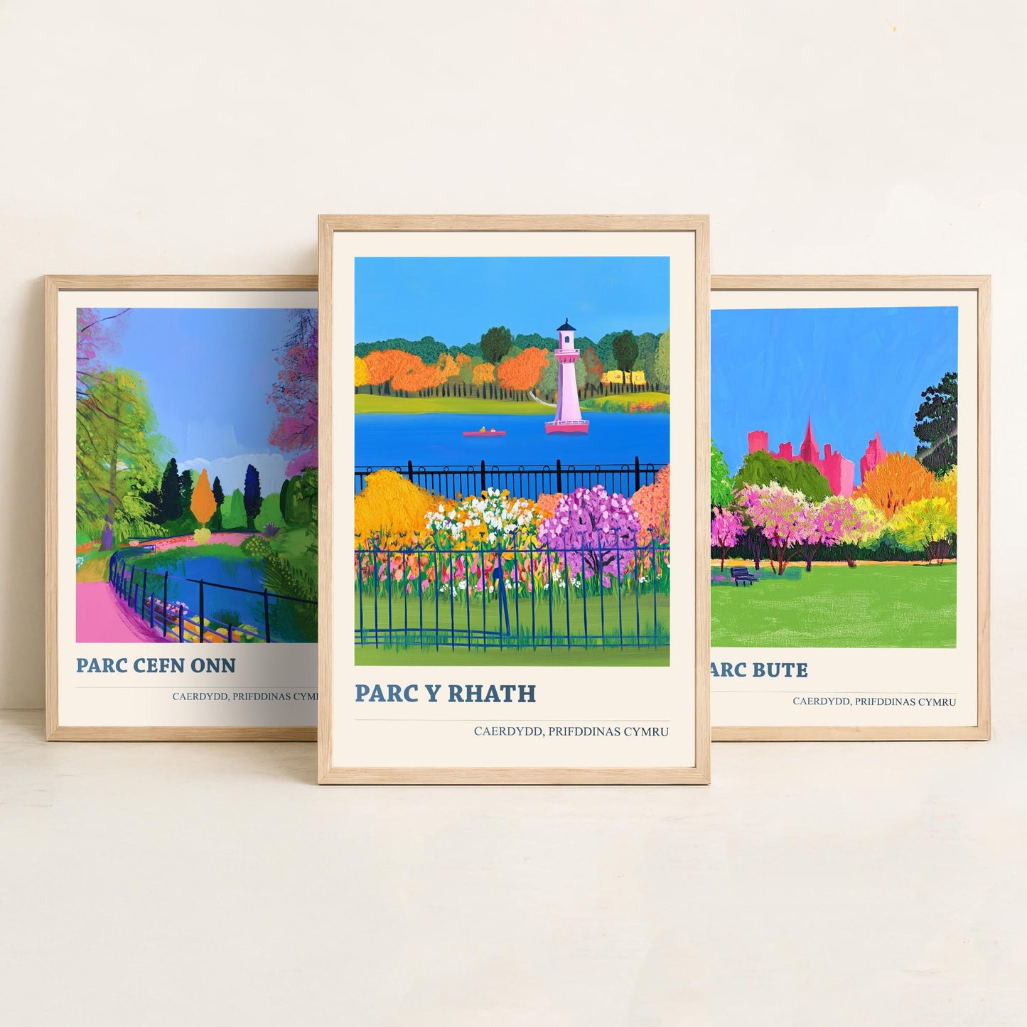 Cardiff Parks Welsh Set of Three Prints | Parc Cefn Onn Parc Bute Parc y Rhath | Bold Caerdydd Landscape Painting Wall Art Poster