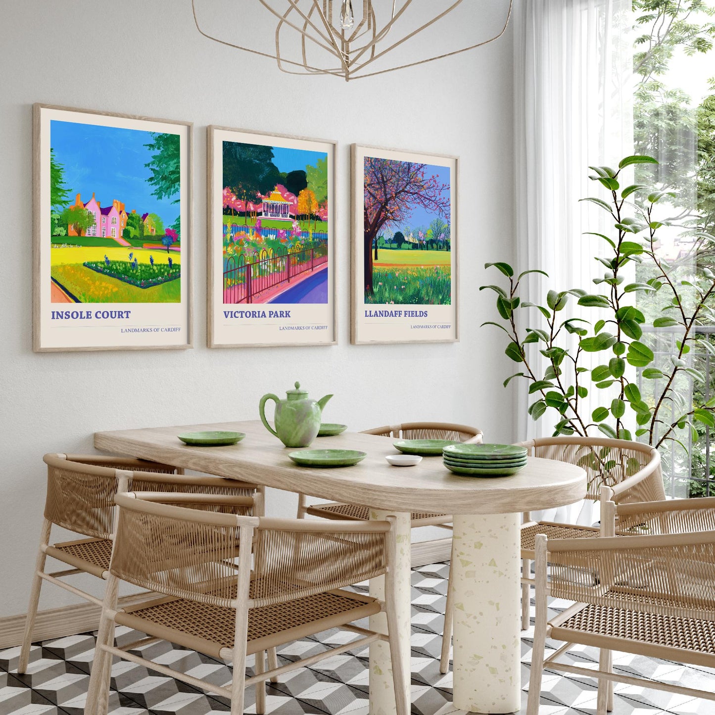 Cardiff Parks Set of Three Art Prints | Insole Court Victoria Park Llandaff Fields | Bold Landscape Painting Wall Poster Wales