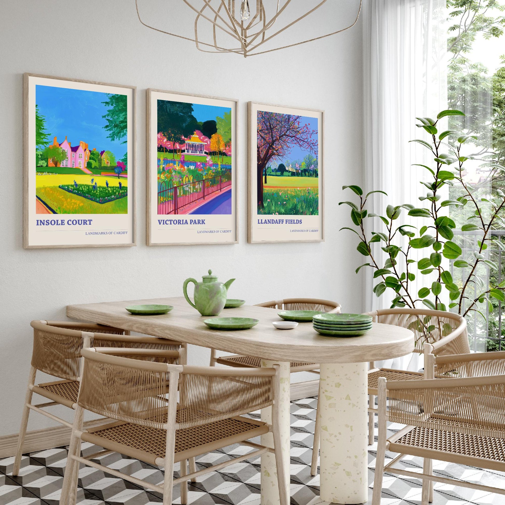 Cardiff Parks Set of Three Art Prints | Insole Court Victoria Park Llandaff Fields | Bold Landscape Painting Wall Poster Wales