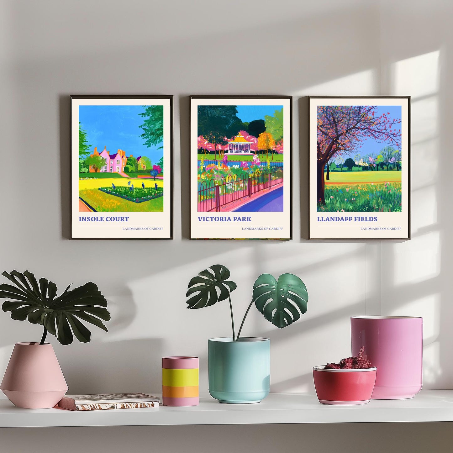 Cardiff Parks Set of Three Art Prints | Insole Court Victoria Park Llandaff Fields | Bold Landscape Painting Wall Poster Wales
