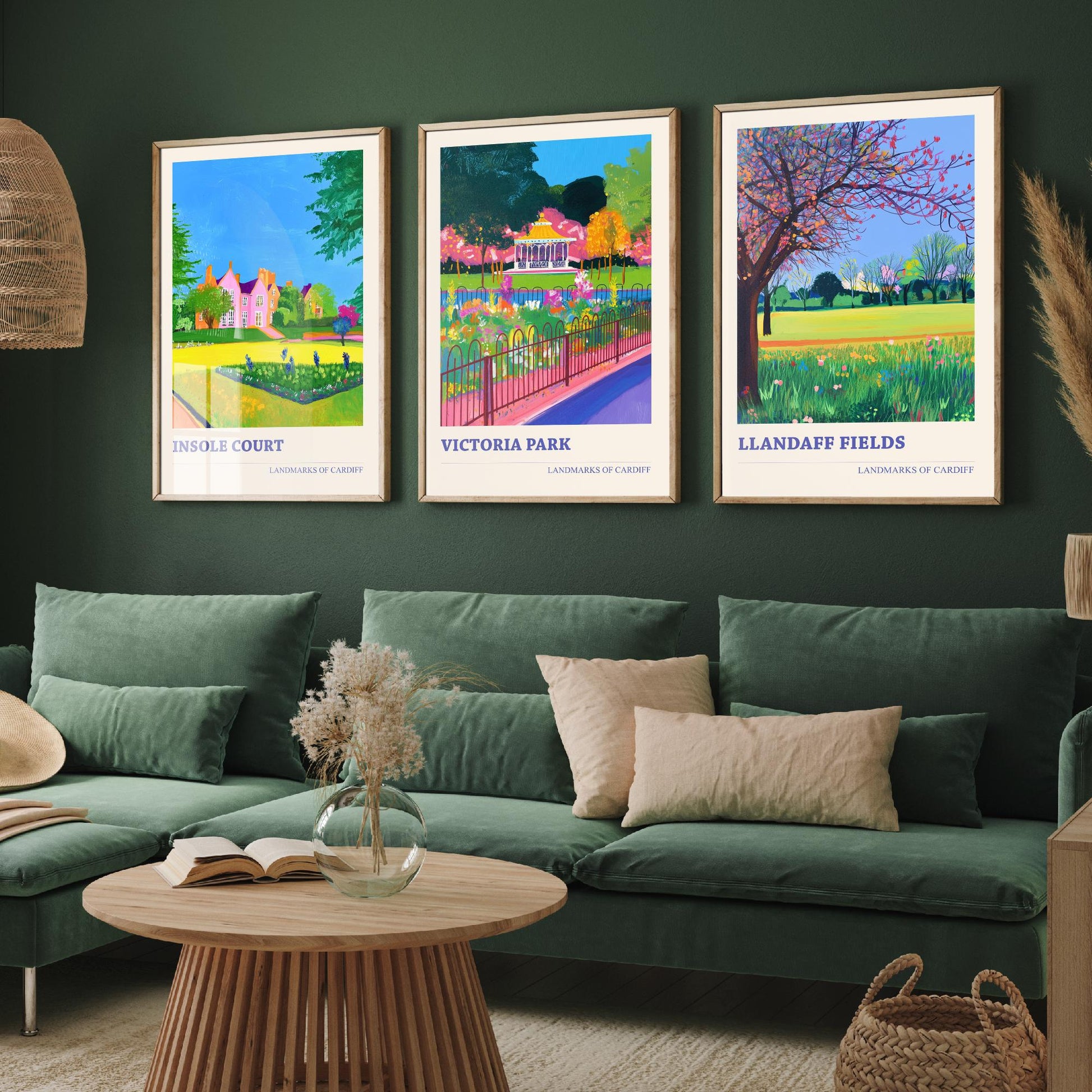 Cardiff Parks Set of Three Art Prints | Insole Court Victoria Park Llandaff Fields | Bold Landscape Painting Wall Poster Wales