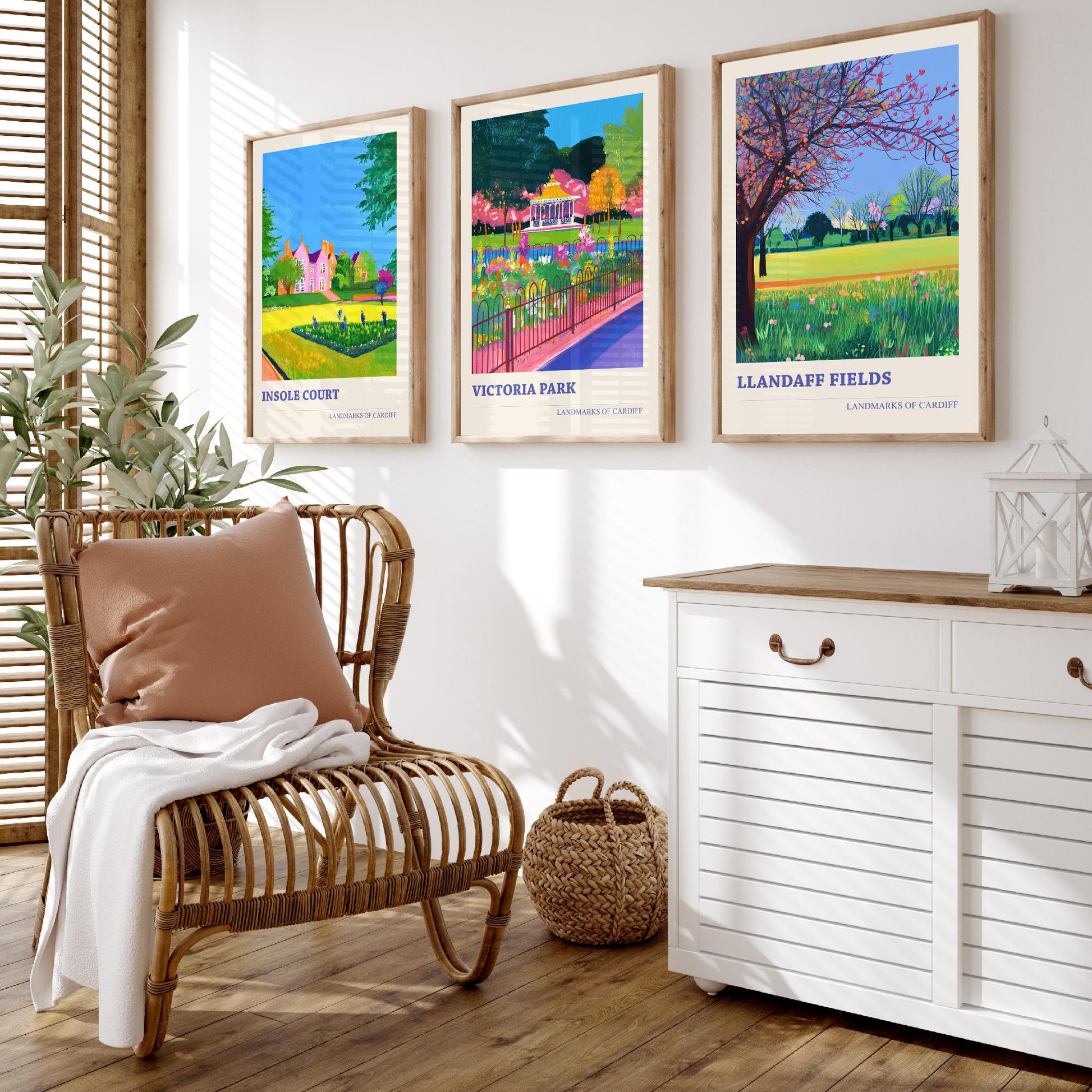 Cardiff Parks Set of Three Art Prints | Insole Court Victoria Park Llandaff Fields | Bold Landscape Painting Wall Poster Wales