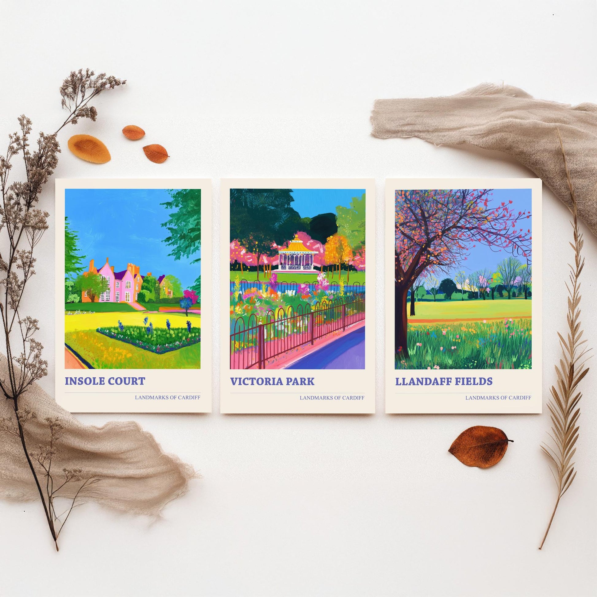 Cardiff Parks Set of Three Art Prints | Insole Court Victoria Park Llandaff Fields | Bold Landscape Painting Wall Poster Wales