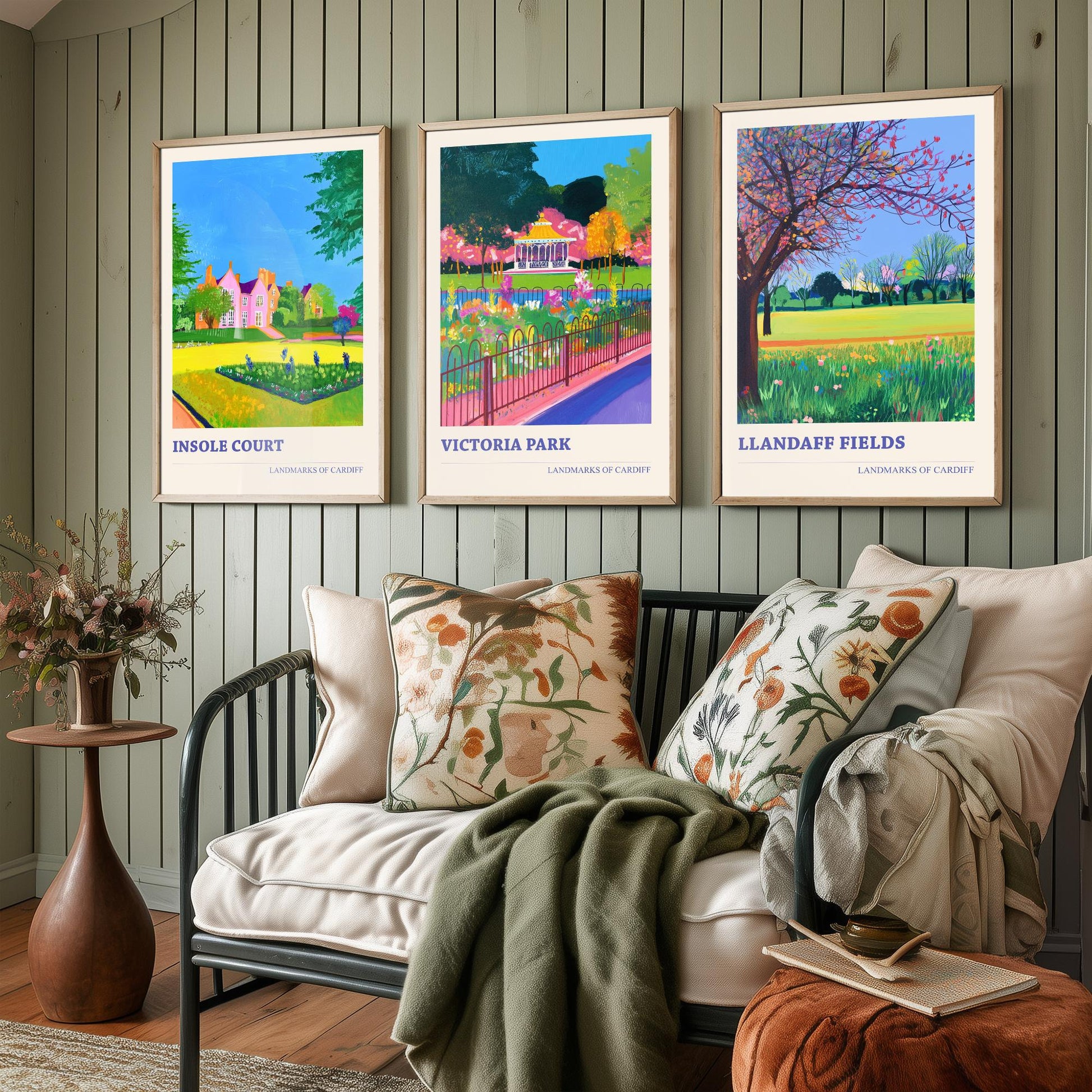 Cardiff Parks Set of Three Art Prints | Insole Court Victoria Park Llandaff Fields | Bold Landscape Painting Wall Poster Wales