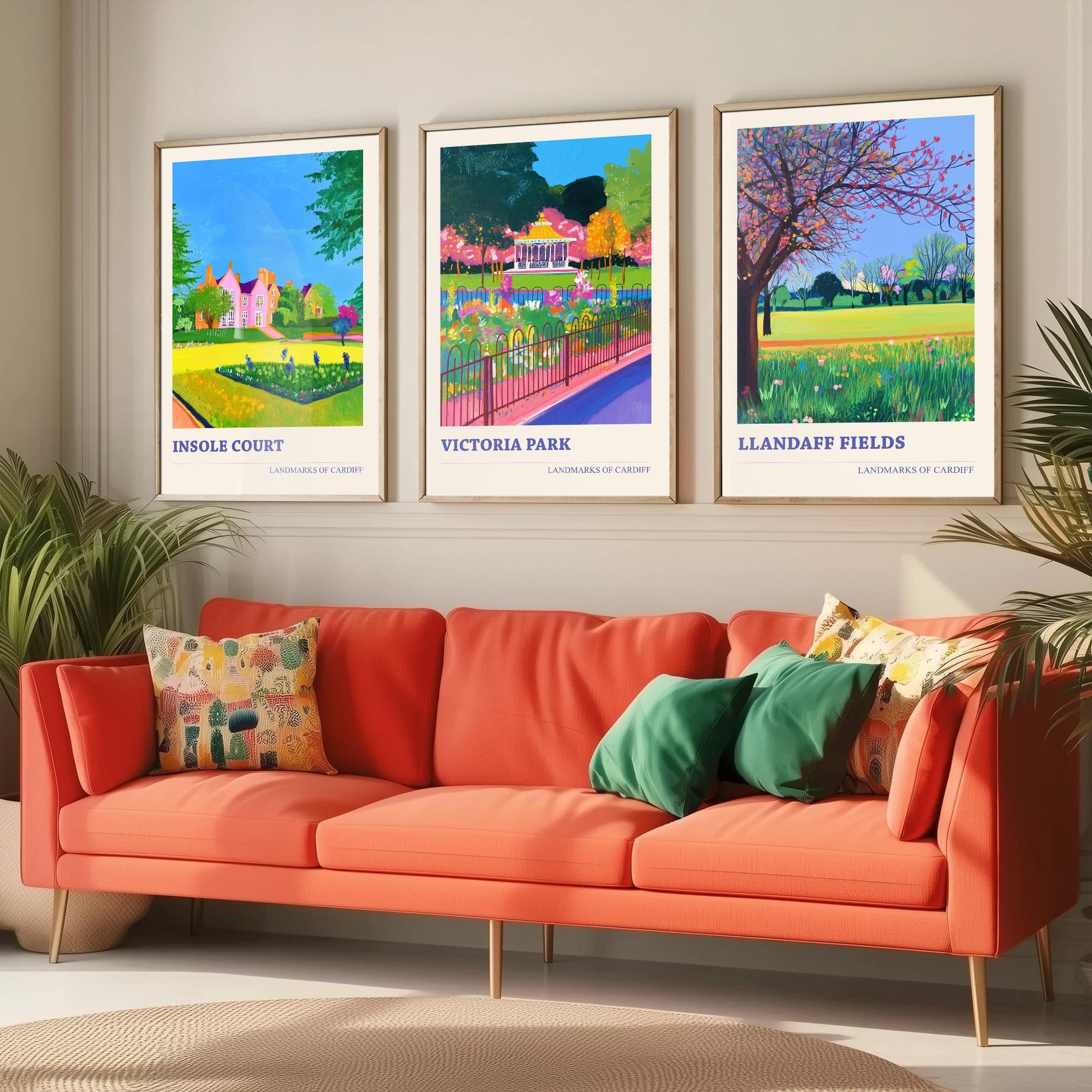 Cardiff Parks Set of Three Art Prints | Insole Court Victoria Park Llandaff Fields | Bold Landscape Painting Wall Poster Wales