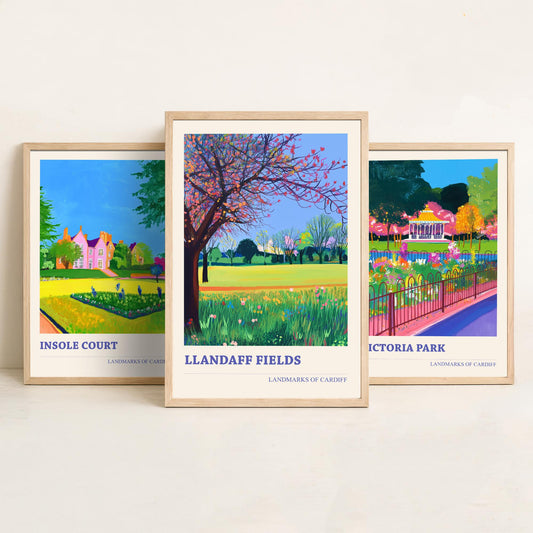 Cardiff Parks Set of Three Art Prints | Insole Court Victoria Park Llandaff Fields | Bold Landscape Painting Wall Poster Wales