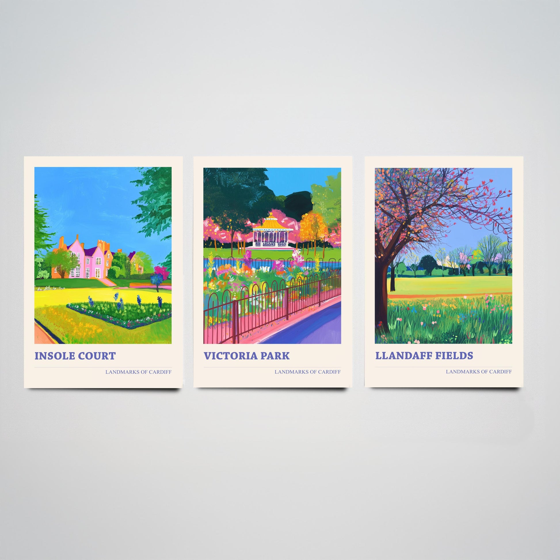 Cardiff Parks Set of Three Art Prints | Insole Court Victoria Park Llandaff Fields | Bold Landscape Painting Wall Poster Wales