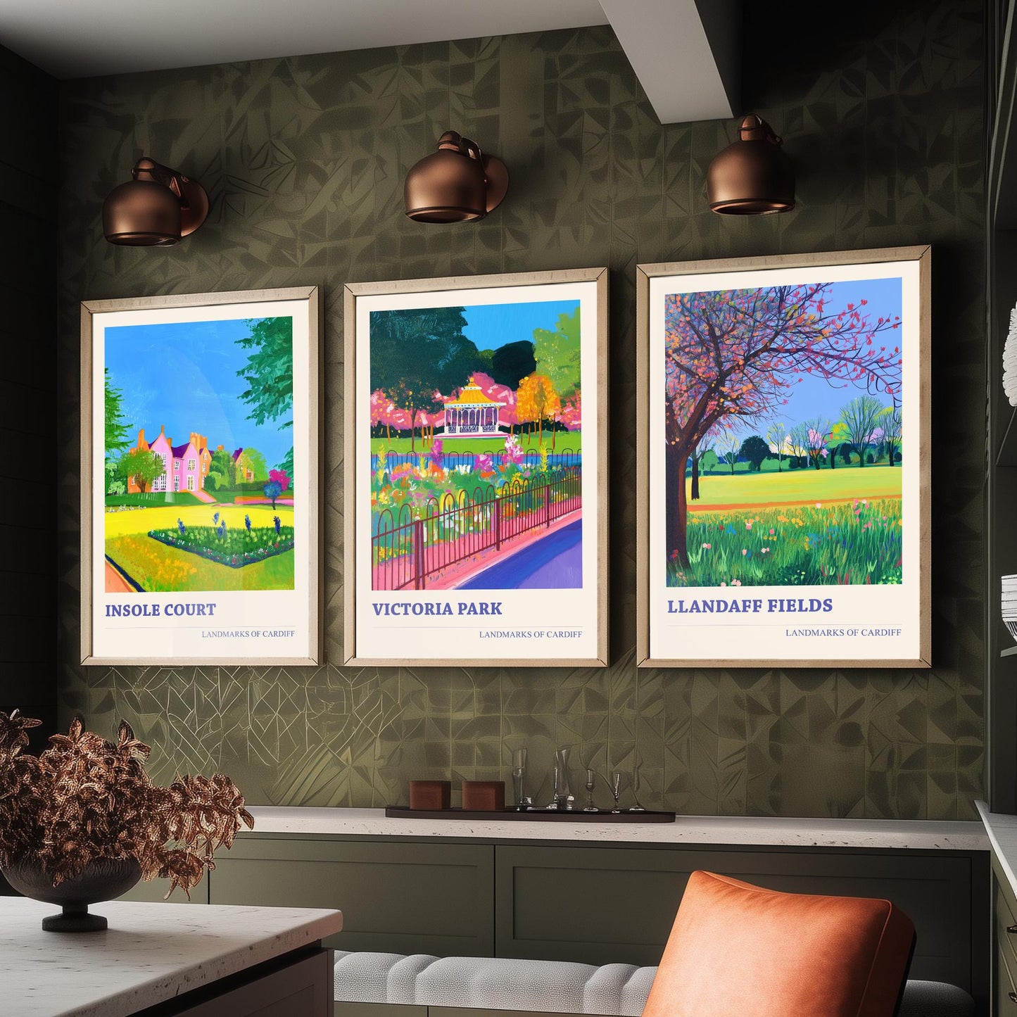 Cardiff Parks Set of Three Art Prints | Insole Court Victoria Park Llandaff Fields | Bold Landscape Painting Wall Poster Wales