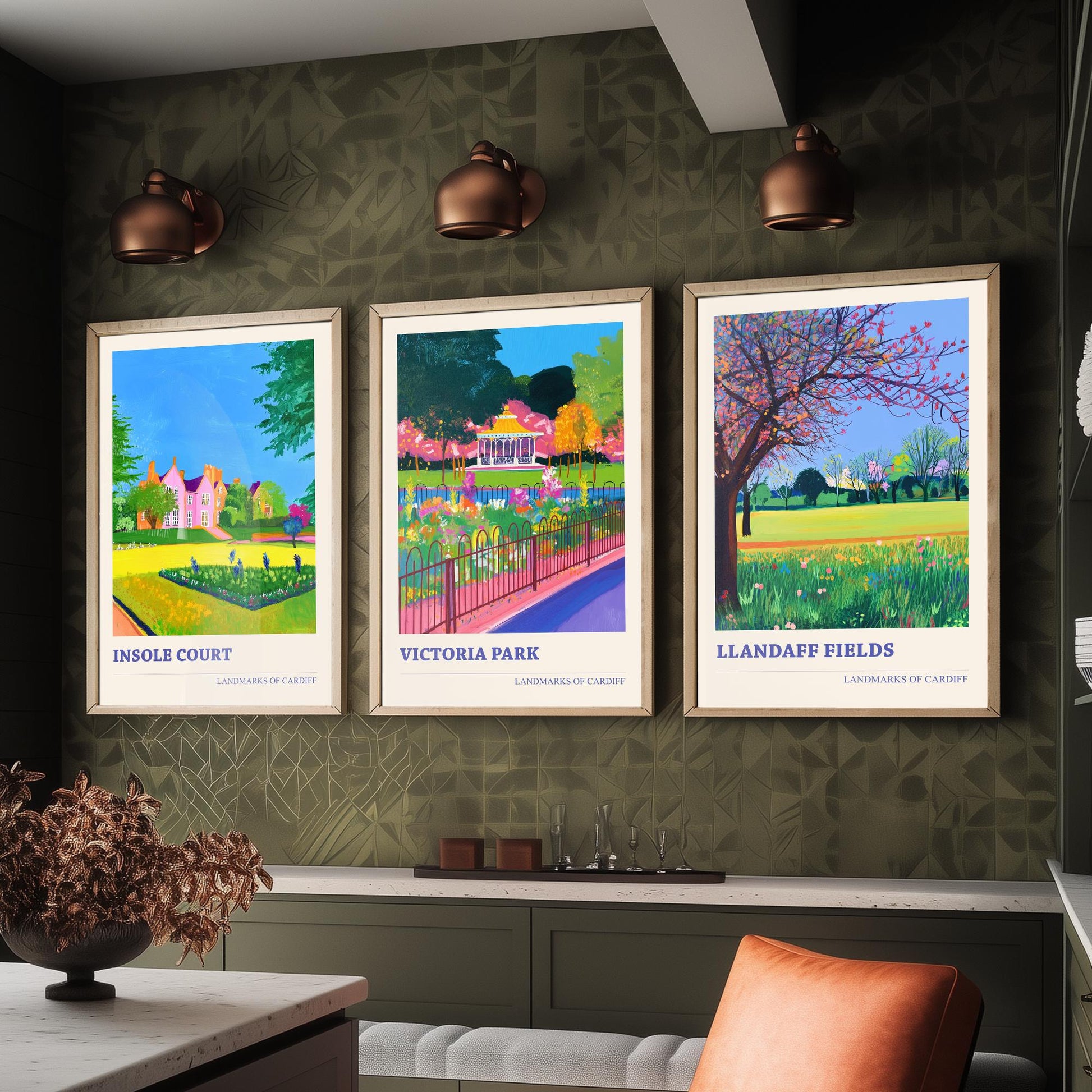 Cardiff Parks Set of Three Art Prints | Insole Court Victoria Park Llandaff Fields | Bold Landscape Painting Wall Poster Wales