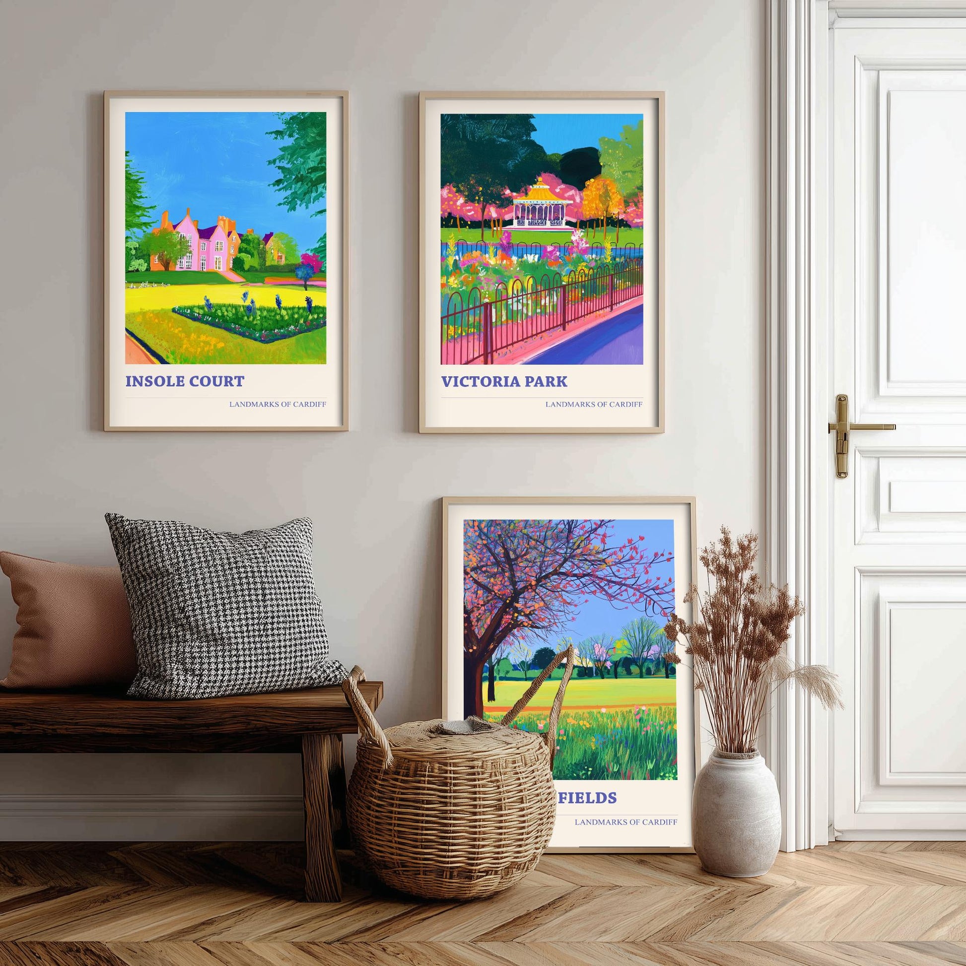 Cardiff Parks Set of Three Art Prints | Insole Court Victoria Park Llandaff Fields | Bold Landscape Painting Wall Poster Wales