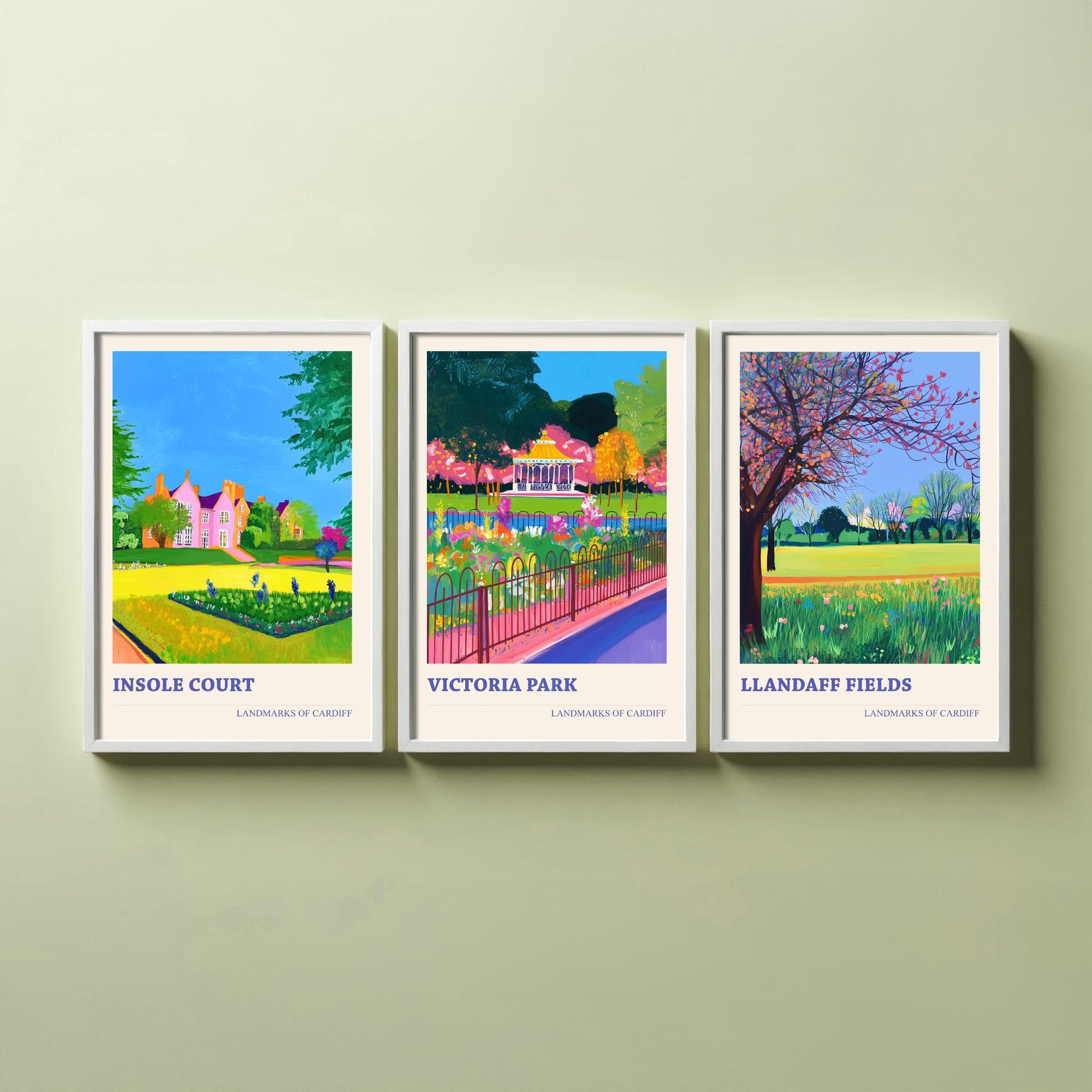 Cardiff Parks Set of Three Art Prints | Insole Court Victoria Park Llandaff Fields | Bold Landscape Painting Wall Poster Wales