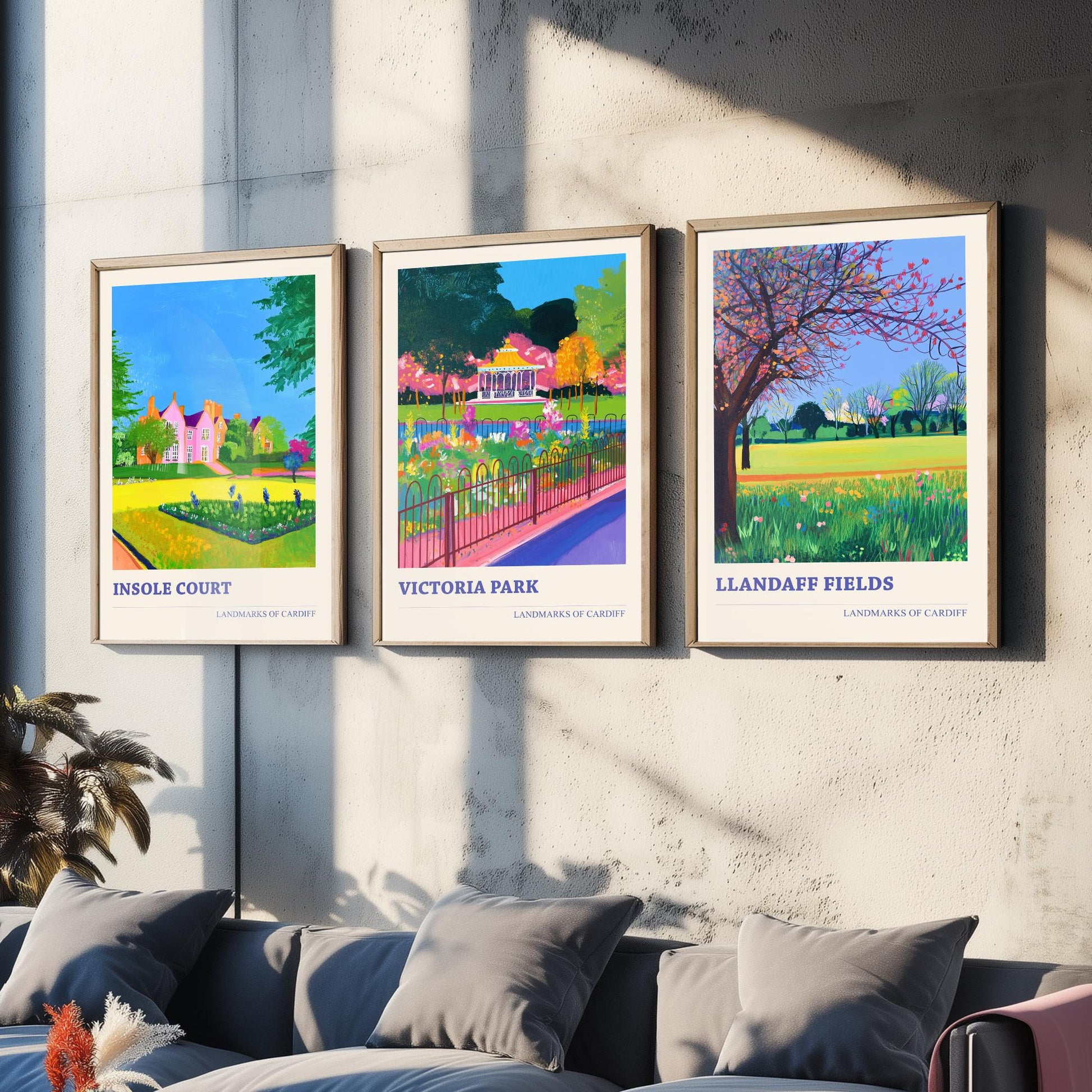 Cardiff Parks Set of Three Art Prints | Insole Court Victoria Park Llandaff Fields | Bold Landscape Painting Wall Poster Wales