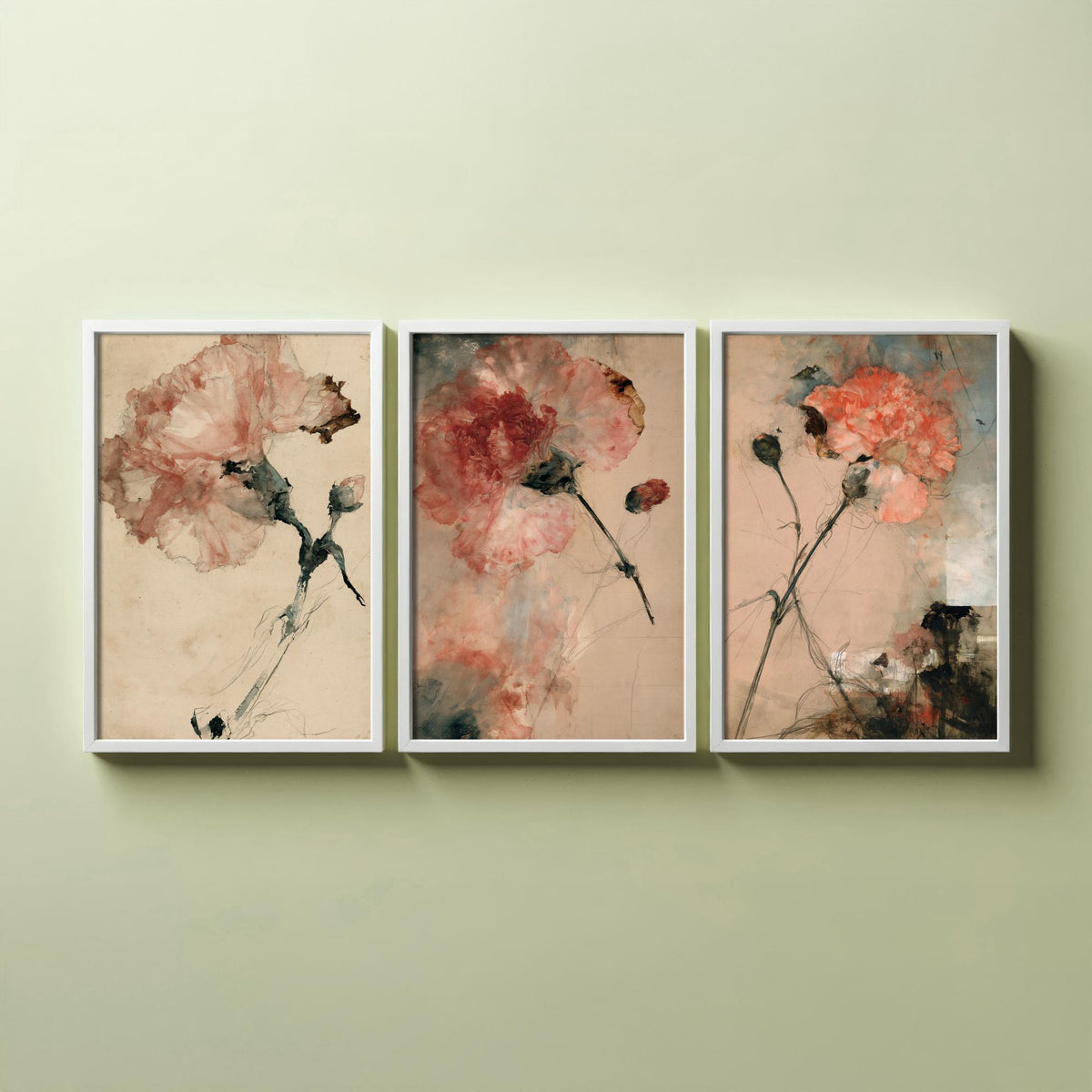 Blush Carnation Studies Set of Three Art Prints - Pale Bloom, Coral Double Flower, Stems and Seed Pods - Aged Paper Watercolour Posters