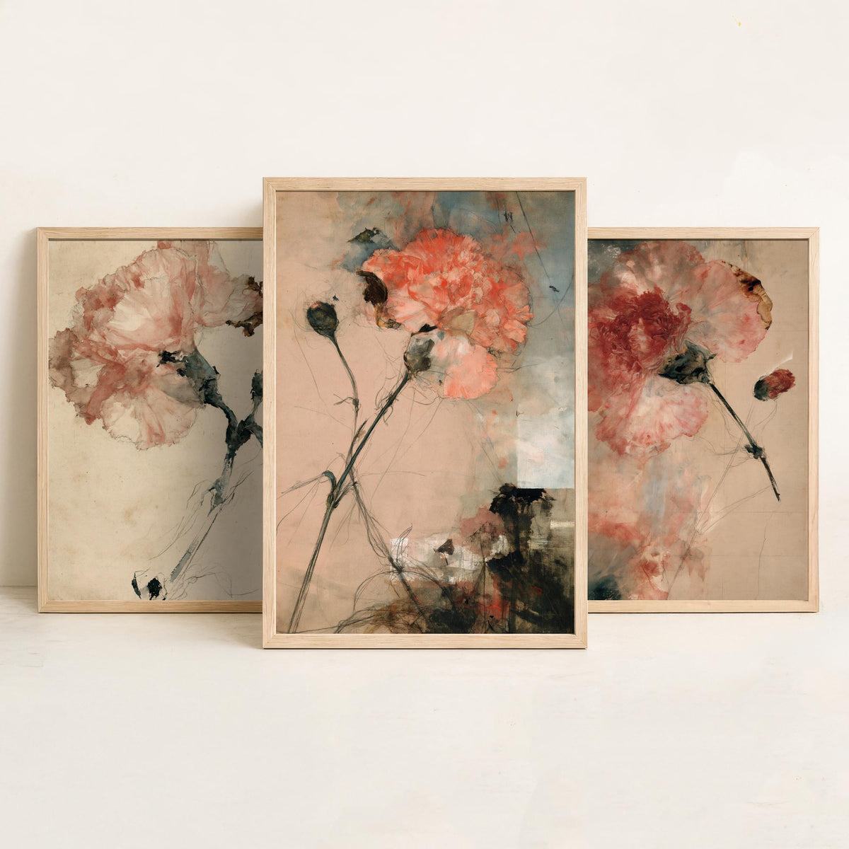 Blush Carnation Studies Set of Three Art Prints - Pale Bloom, Coral Double Flower, Stems and Seed Pods - Aged Paper Watercolour Posters