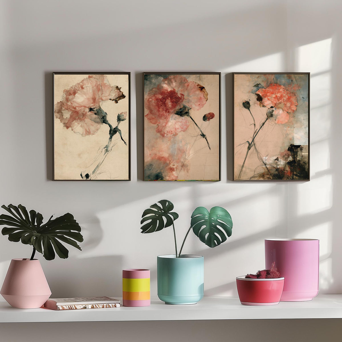 Blush Carnation Studies Set of Three Art Prints - Pale Bloom, Coral Double Flower, Stems and Seed Pods - Aged Paper Watercolour Posters