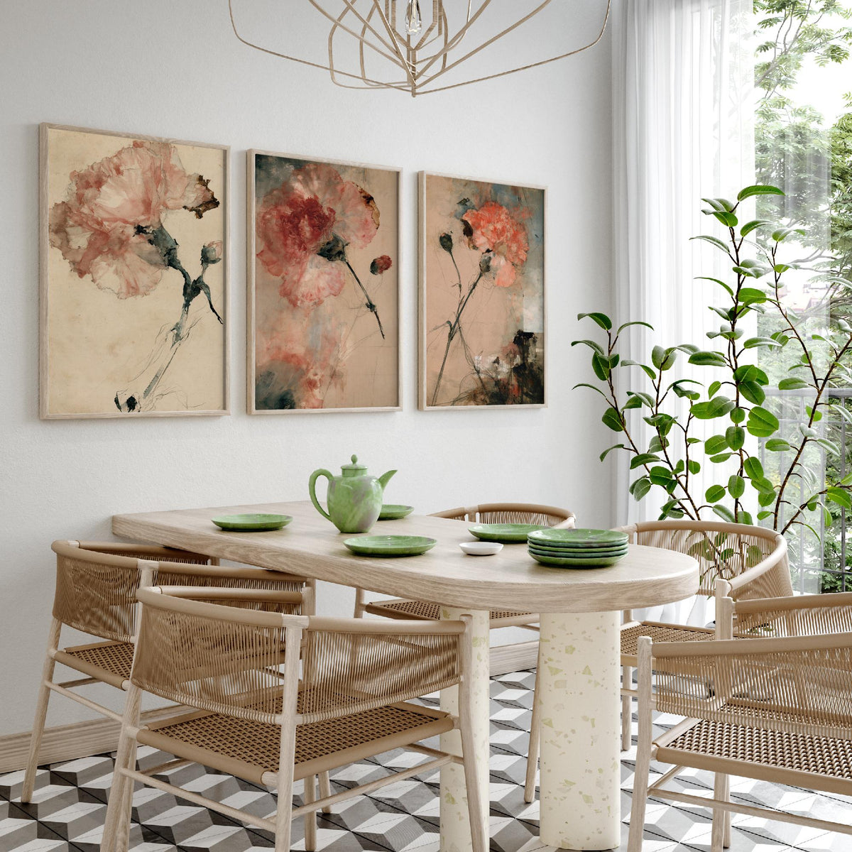 Blush Carnation Studies Set of Three Art Prints - Pale Bloom, Coral Double Flower, Stems and Seed Pods - Aged Paper Watercolour Posters