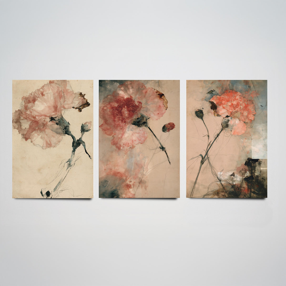 Blush Carnation Studies Set of Three Art Prints - Pale Bloom, Coral Double Flower, Stems and Seed Pods - Aged Paper Watercolour Posters