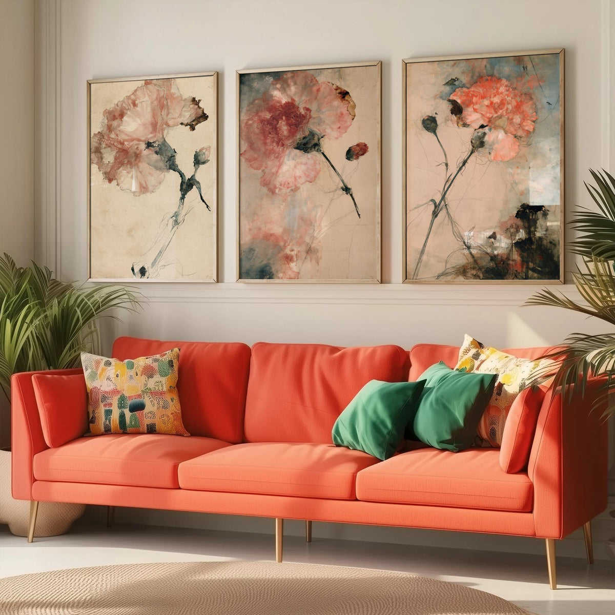 Blush Carnation Studies Set of Three Art Prints - Pale Bloom, Coral Double Flower, Stems and Seed Pods - Aged Paper Watercolour Posters