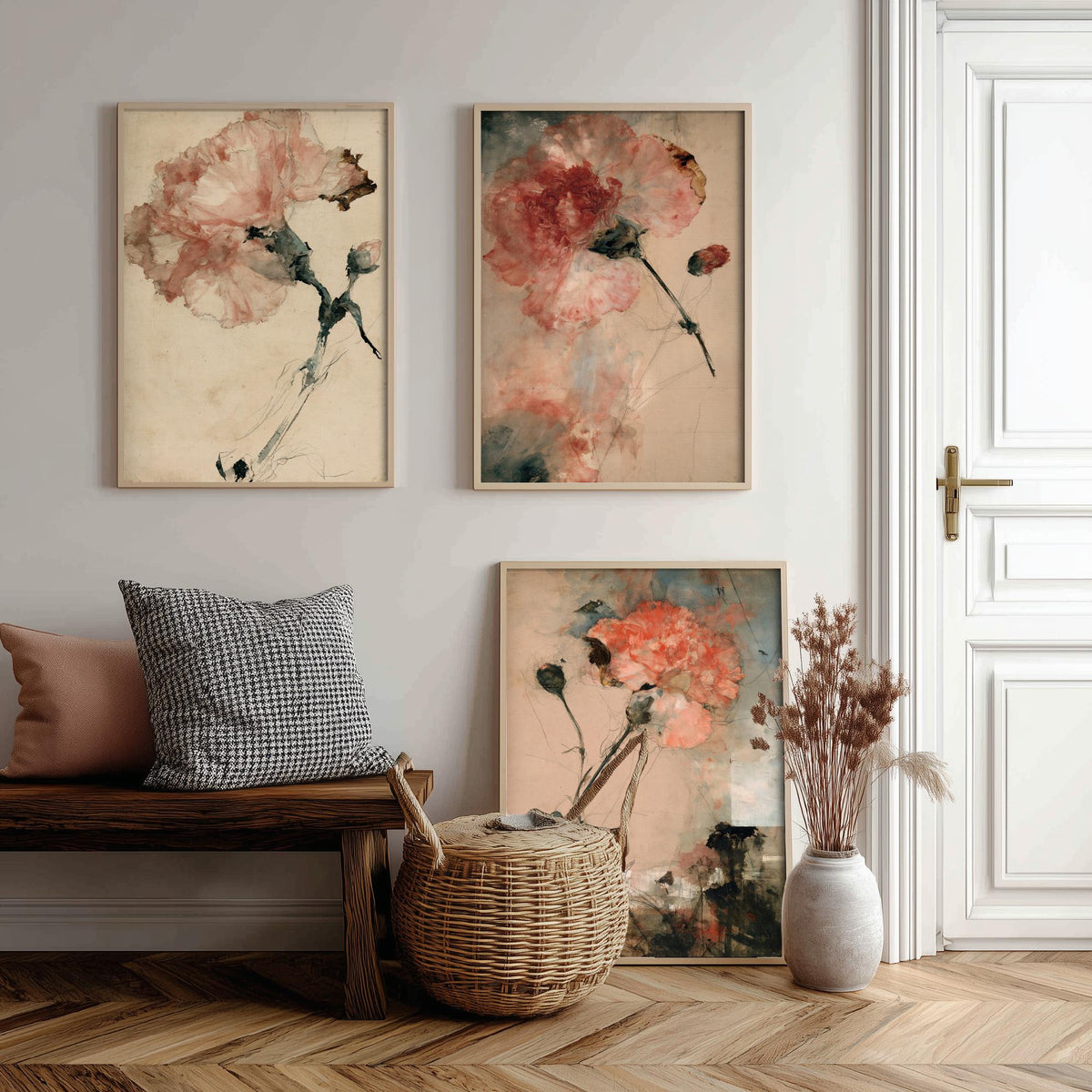 Blush Carnation Studies Set of Three Art Prints - Pale Bloom, Coral Double Flower, Stems and Seed Pods - Aged Paper Watercolour Posters
