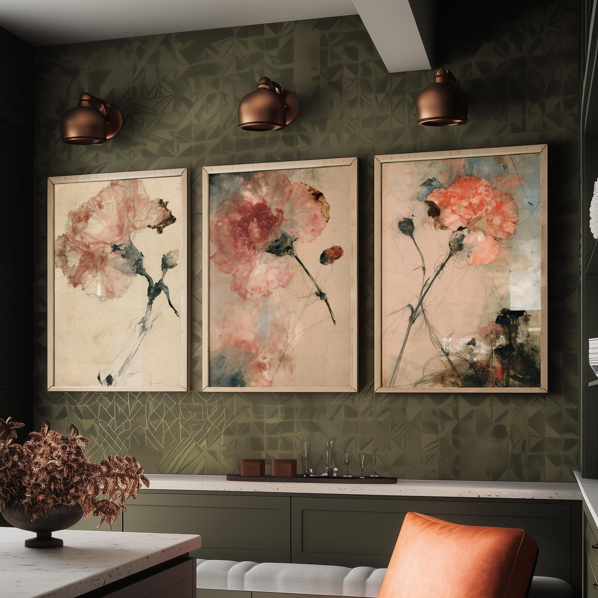 Blush Carnation Studies Set of Three Art Prints - Pale Bloom, Coral Double Flower, Stems and Seed Pods - Aged Paper Watercolour Posters