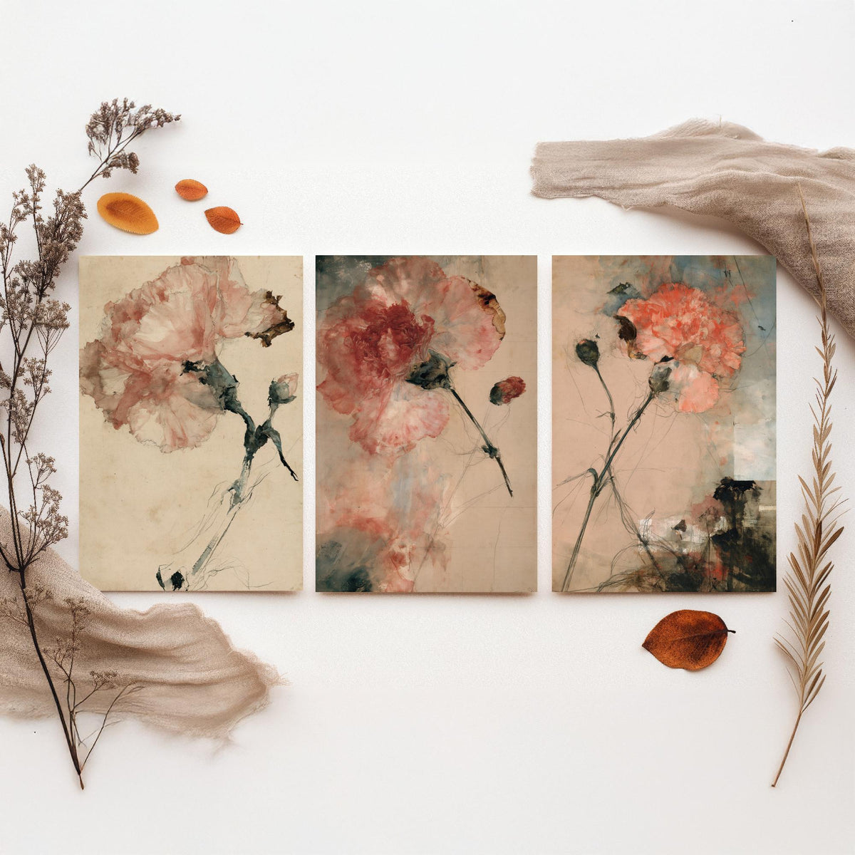 Blush Carnation Studies Set of Three Art Prints - Pale Bloom, Coral Double Flower, Stems and Seed Pods - Aged Paper Watercolour Posters
