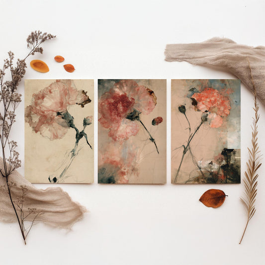 Blush Carnation Studies Set of Three Art Prints - Pale Bloom, Coral Double Flower, Stems and Seed Pods - Aged Paper Watercolour Posters