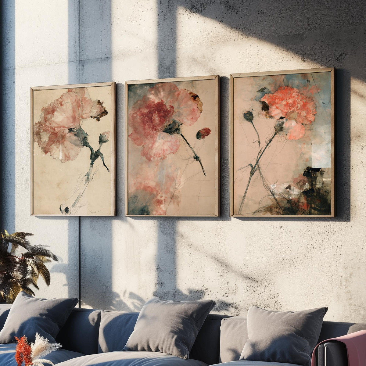 Blush Carnation Studies Set of Three Art Prints - Pale Bloom, Coral Double Flower, Stems and Seed Pods - Aged Paper Watercolour Posters