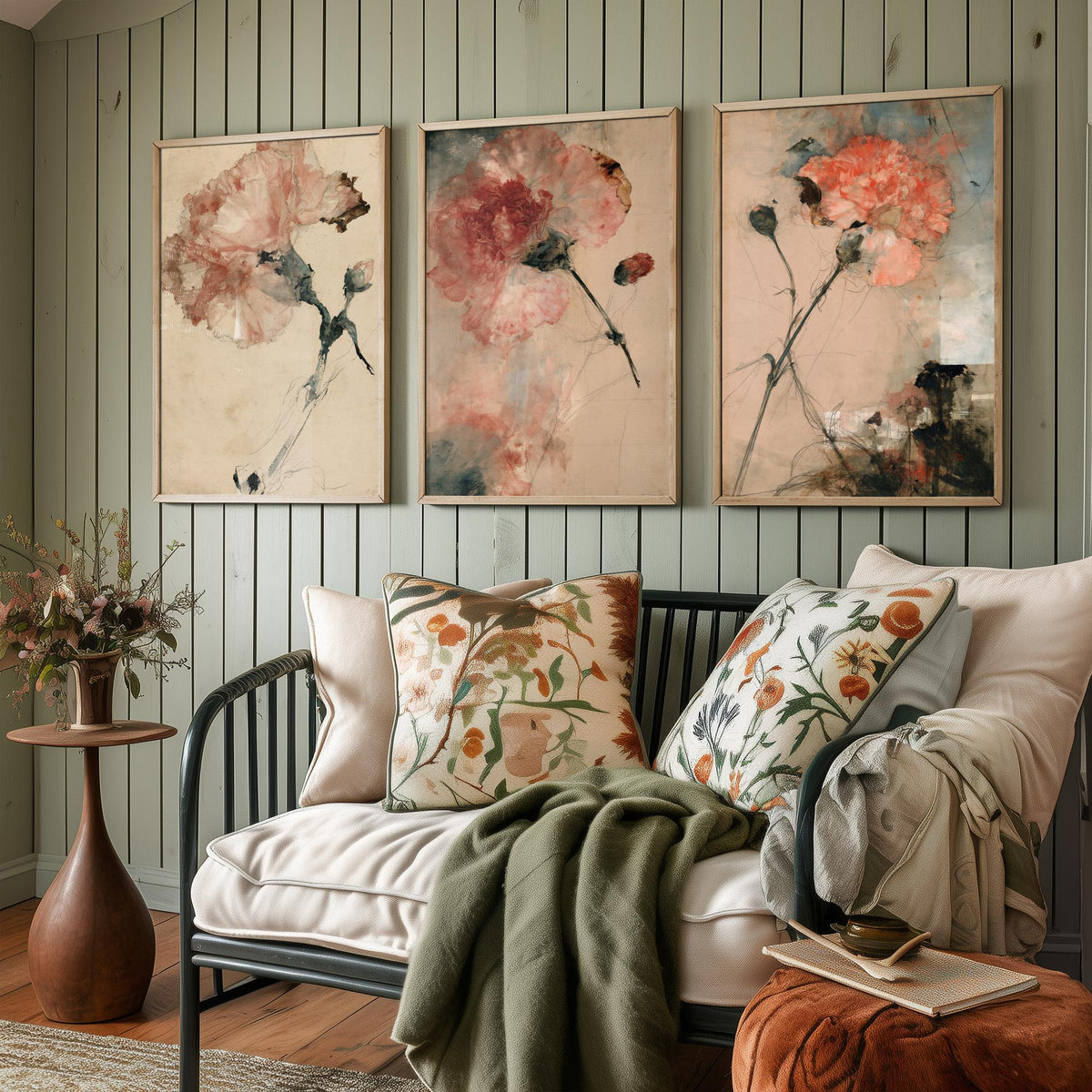 Blush Carnation Studies Set of Three Art Prints - Pale Bloom, Coral Double Flower, Stems and Seed Pods - Aged Paper Watercolour Posters