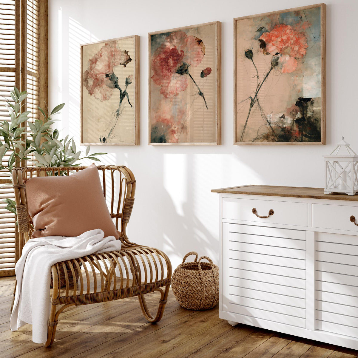 Blush Carnation Studies Set of Three Art Prints - Pale Bloom, Coral Double Flower, Stems and Seed Pods - Aged Paper Watercolour Posters