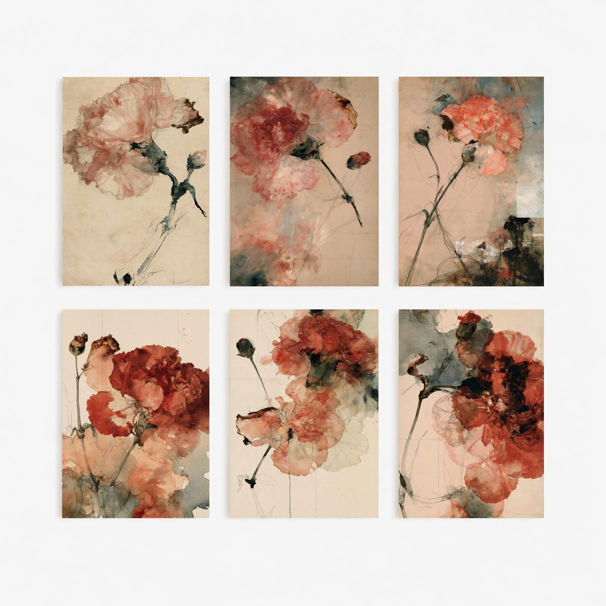 Set of Six Carnation Study Art Prints - 6 Blush to Crimson Watercolour Flower Studies - Faded Antique Paper Poster Set
