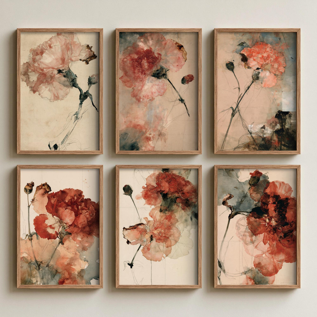 Set of Six Carnation Study Art Prints - 6 Blush to Crimson Watercolour Flower Studies - Faded Antique Paper Poster Set