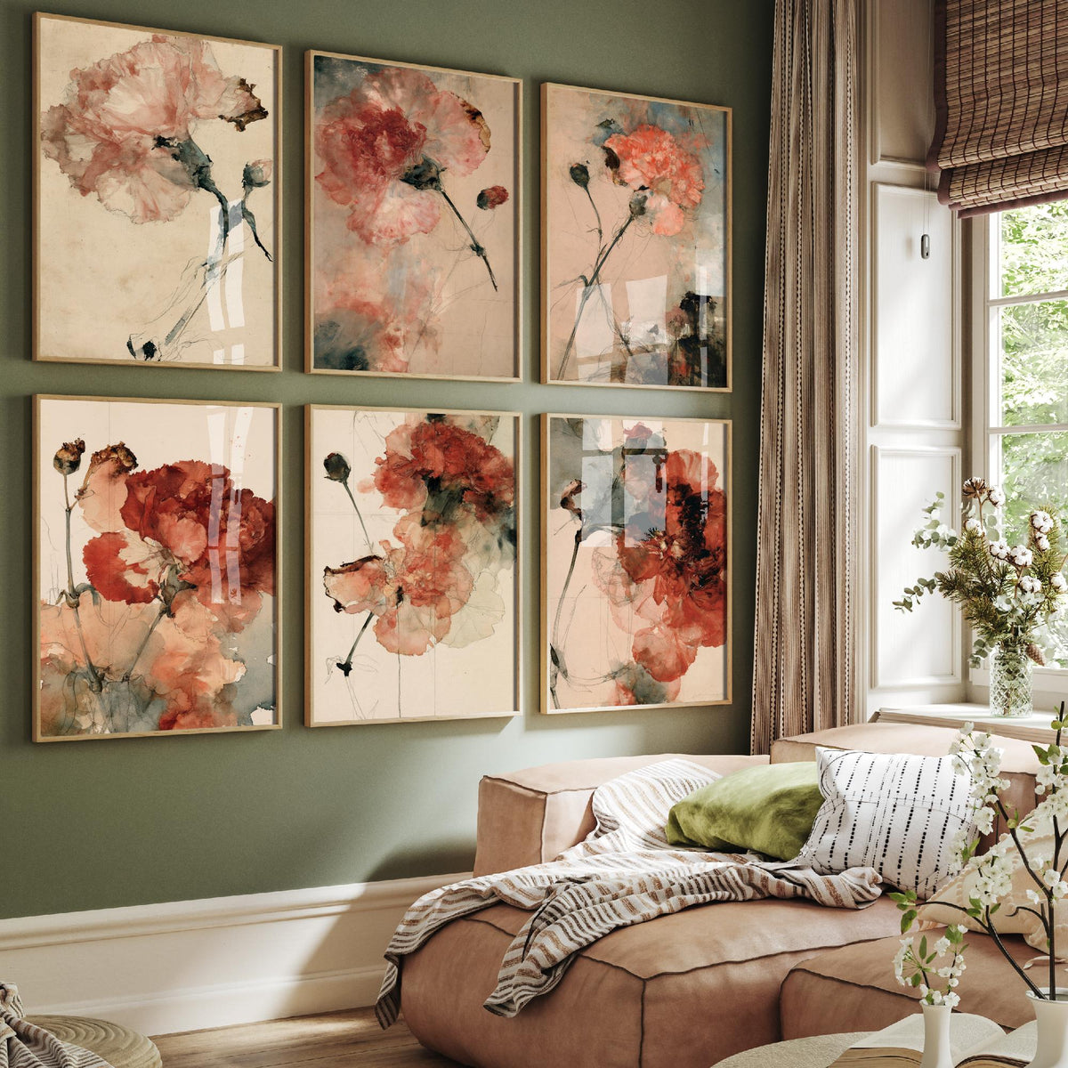 Set of Six Carnation Study Art Prints - 6 Blush to Crimson Watercolour Flower Studies - Faded Antique Paper Poster Set