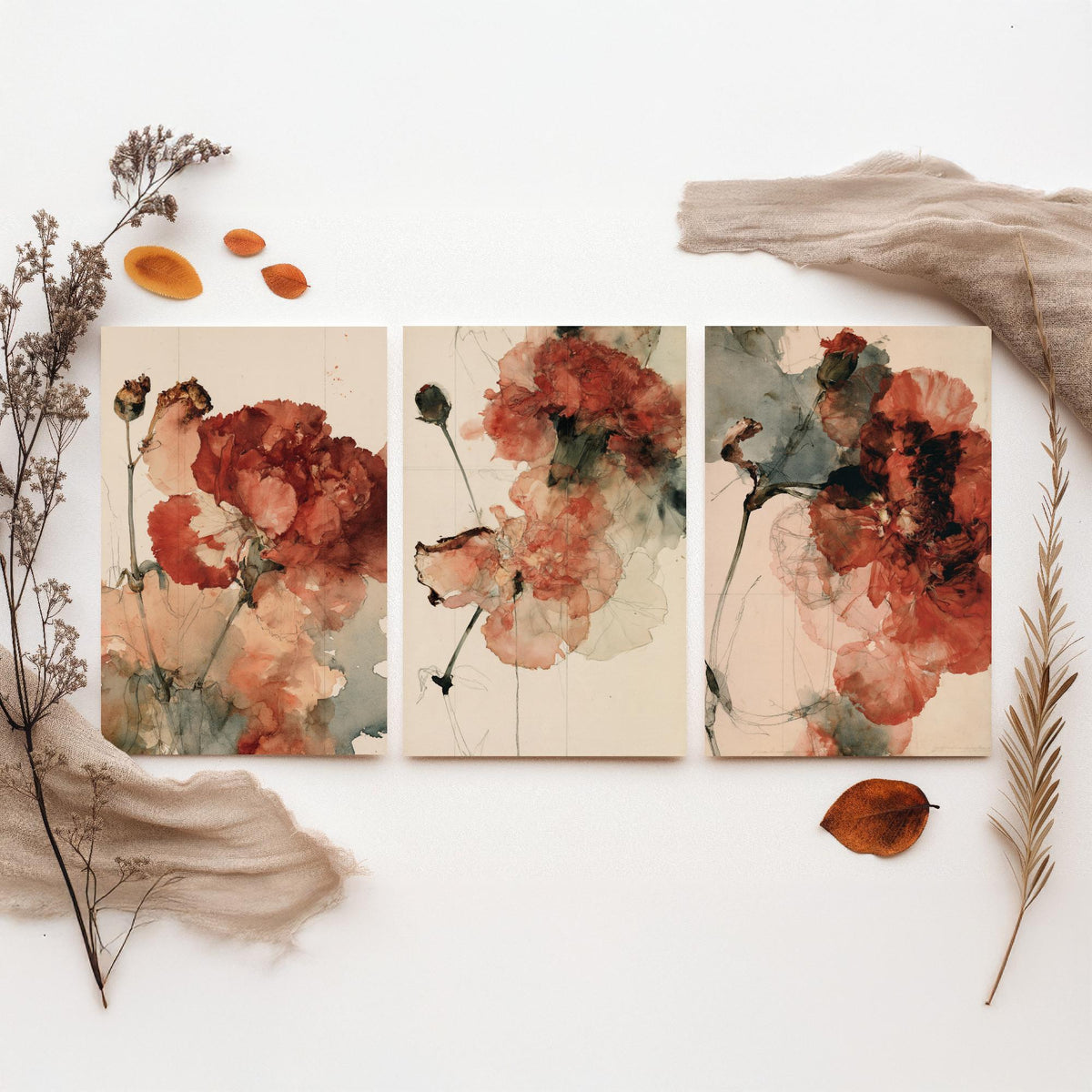 Crimson Carnation Studies Set of Three Art Prints - Rust Red Blooms, Dried Seed Heads, Inked Stems - Moody Herbarium Watercolour Posters