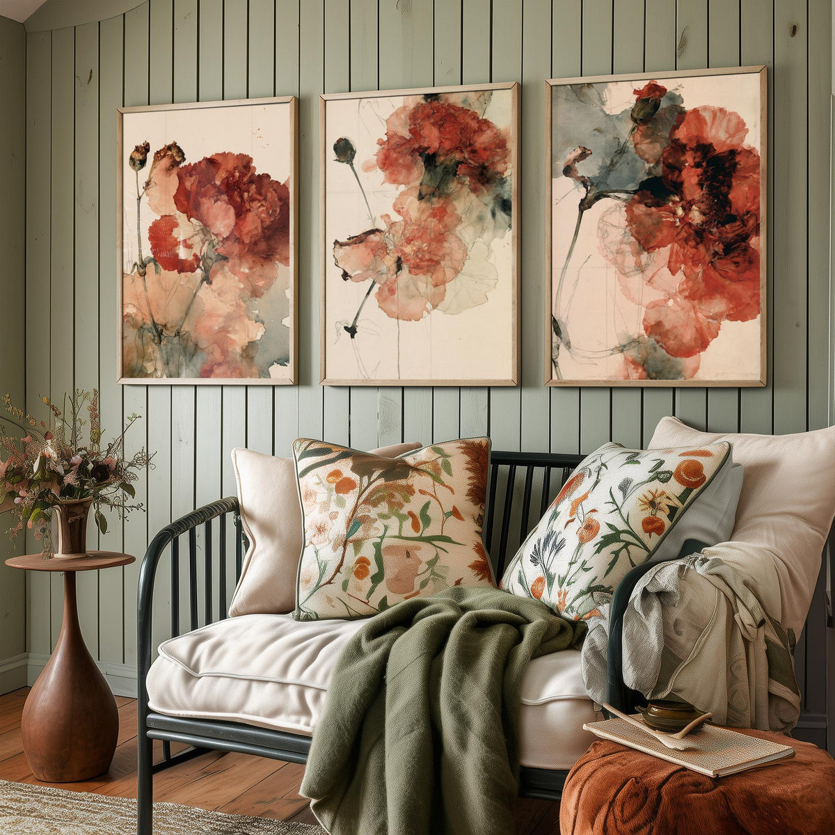 Crimson Carnation Studies Set of Three Art Prints - Rust Red Blooms, Dried Seed Heads, Inked Stems - Moody Herbarium Watercolour Posters